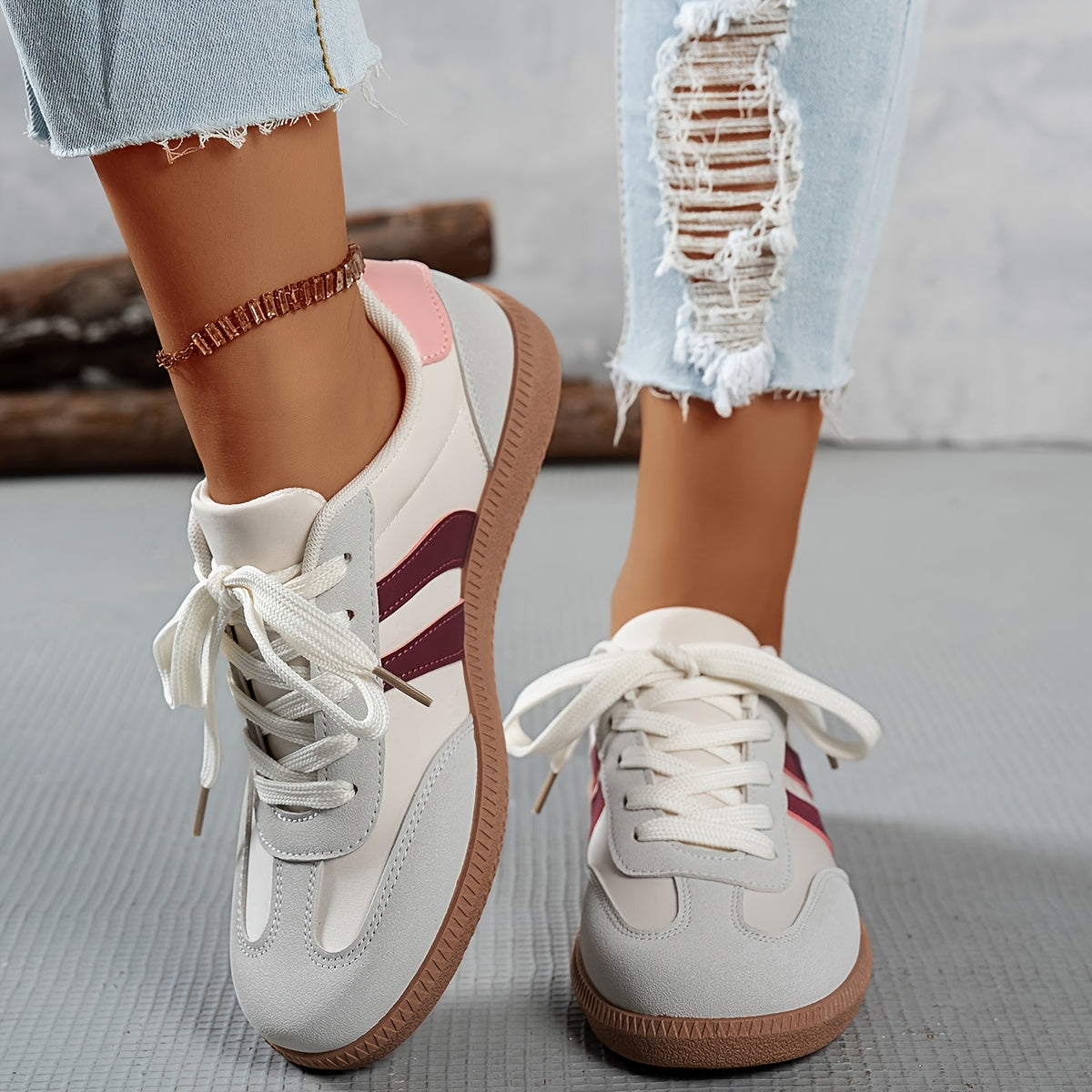 Women's Casual Low-Top Sneakers - Trendy Color Block Design, Light Gray with Navy Blue & Red Stripes, Comfortable Lace-Up Shoes for Casual Attire, Retro Style, Faux Cover Upper, PVC Sole, EVA Insole, Perfect for Spring and Fa