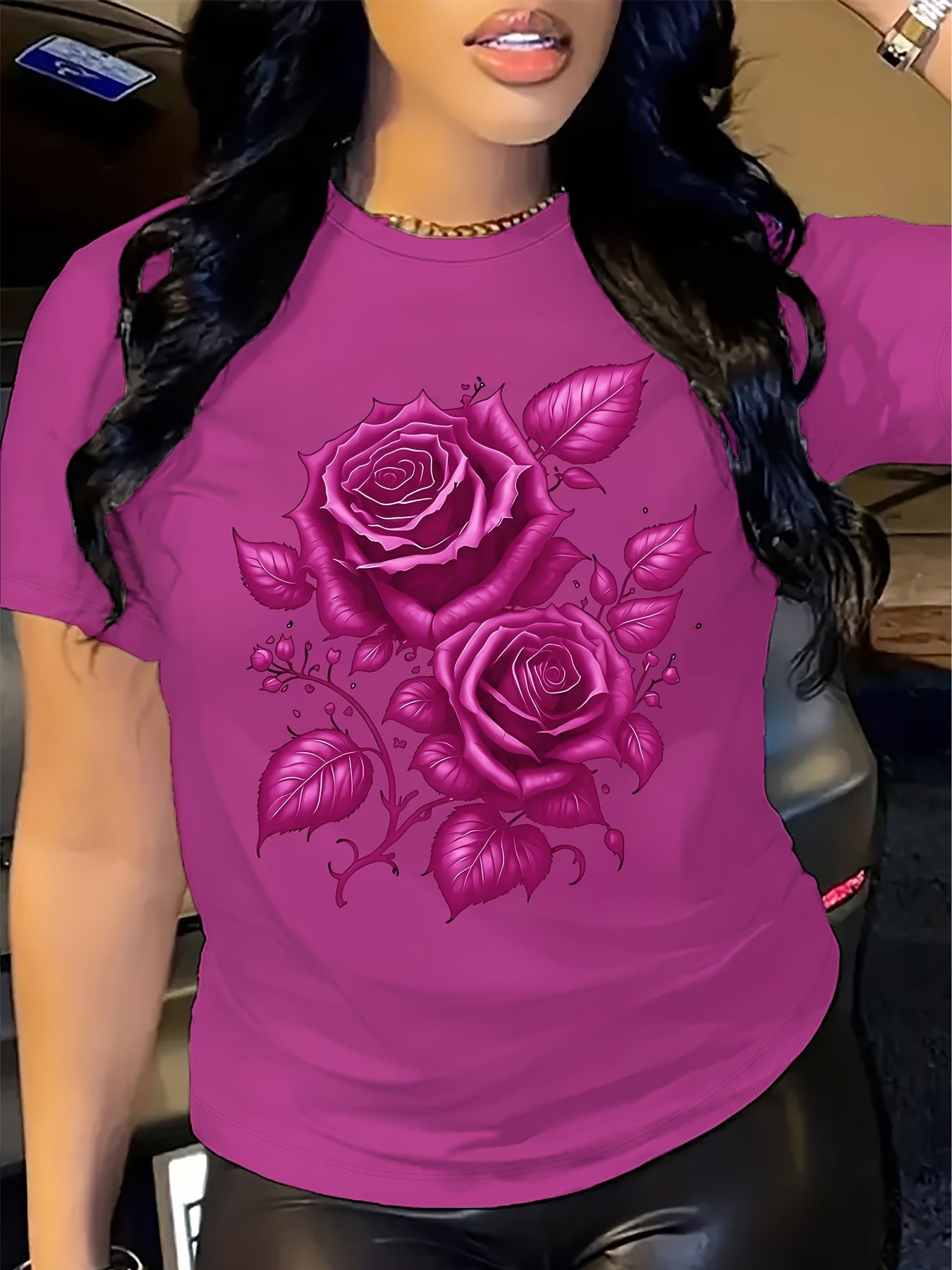 Women's Light Blue Yellow Rose Print T-Shirt - Short Sleeve Crew Neck Casual Top with Medium Stretch, Machine Washable & Breathable Fabric for All-Season Comfort, Relaxed Style, Graphic Tee, Stretchy Material, Printed Shirt,