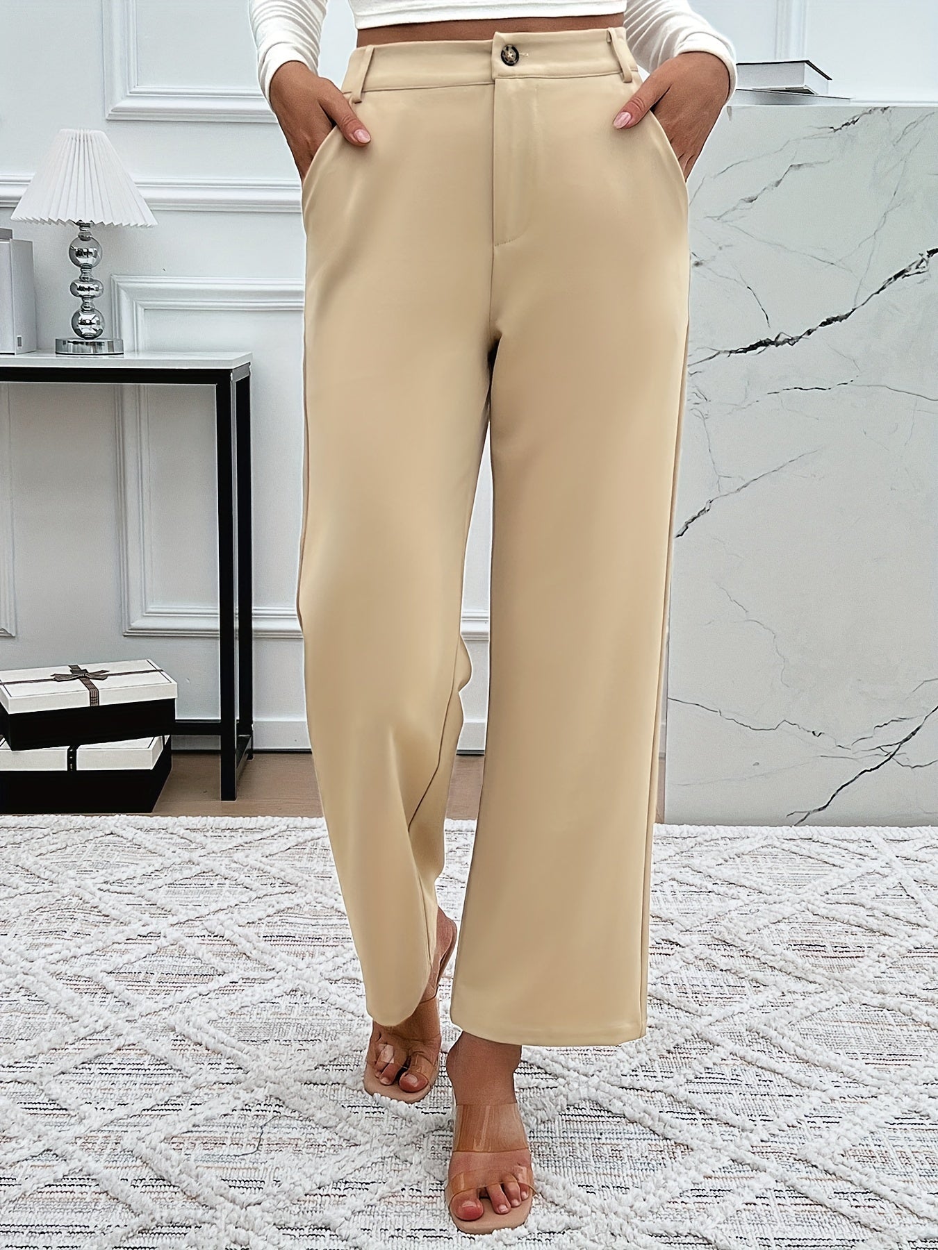 Elegant Solid Color Straight-Leg Pants for Women - High Waist, Stretchy Polyester Blend, Machine Washable - Perfect for Spring & Fall