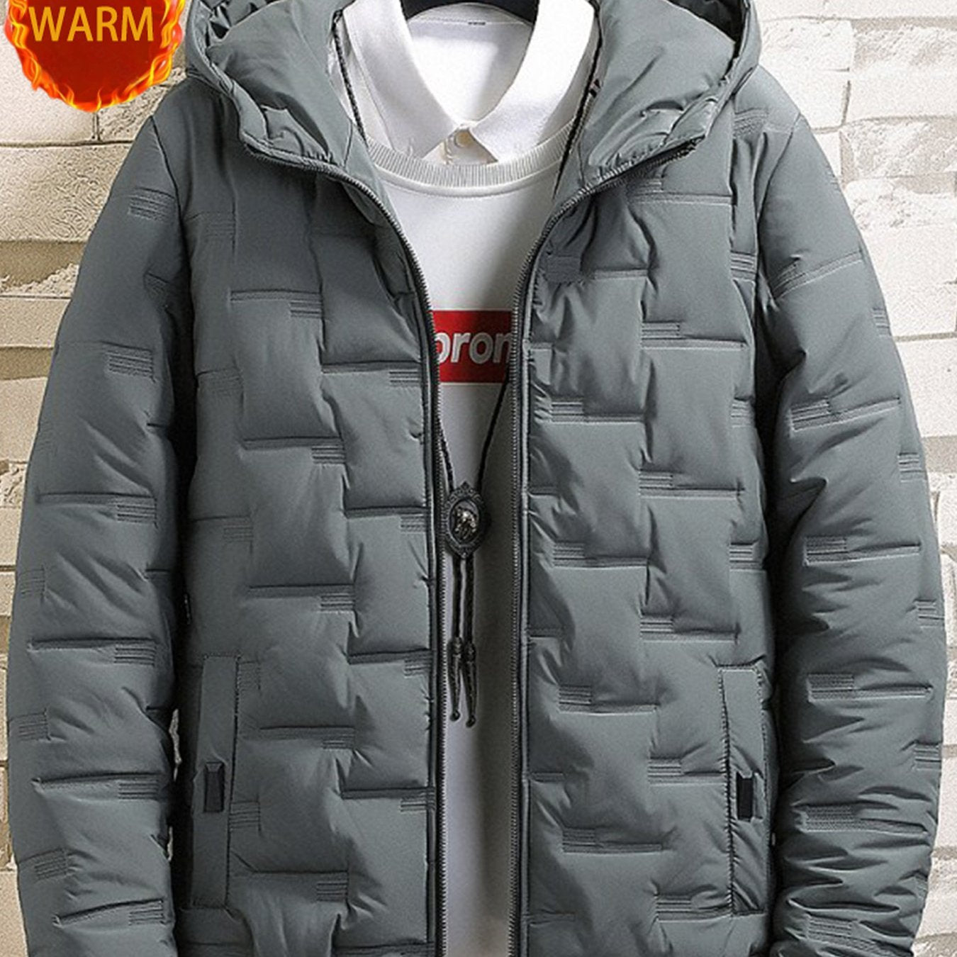 1pc Men's Heavy-Duty Winter Jacket with Hood - Stand Collar & Zippered Pockets, Grey/Black & White, Machine Washable Cold Weather Coat for Skiing, Snowboarding, Outdoor Activities (-Filled)