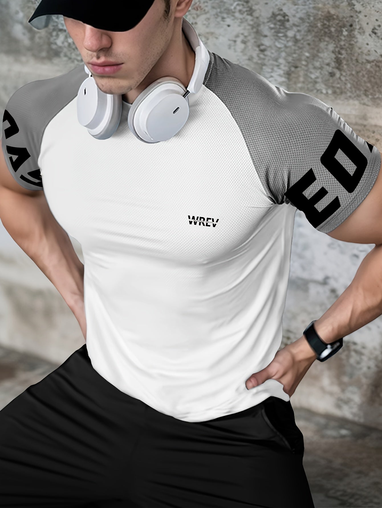 Men's Quick-Dry Breathable Mesh Sports T-Shirt - Summer Gym Workout Top with Contrast Black White Sleeves for Man Letter Print, Slim Fit for Running Training Casual Wear, Breathable Running Gear Sporty Casual Tee Mesh