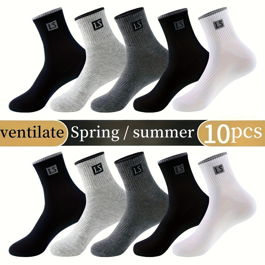 5/10 Pairs Of Men's Trendy Solid Crew Socks, Spring and Fall Breathable Comfy Casual Socks for Men's Outdoor Wearing All Seasons Wearing