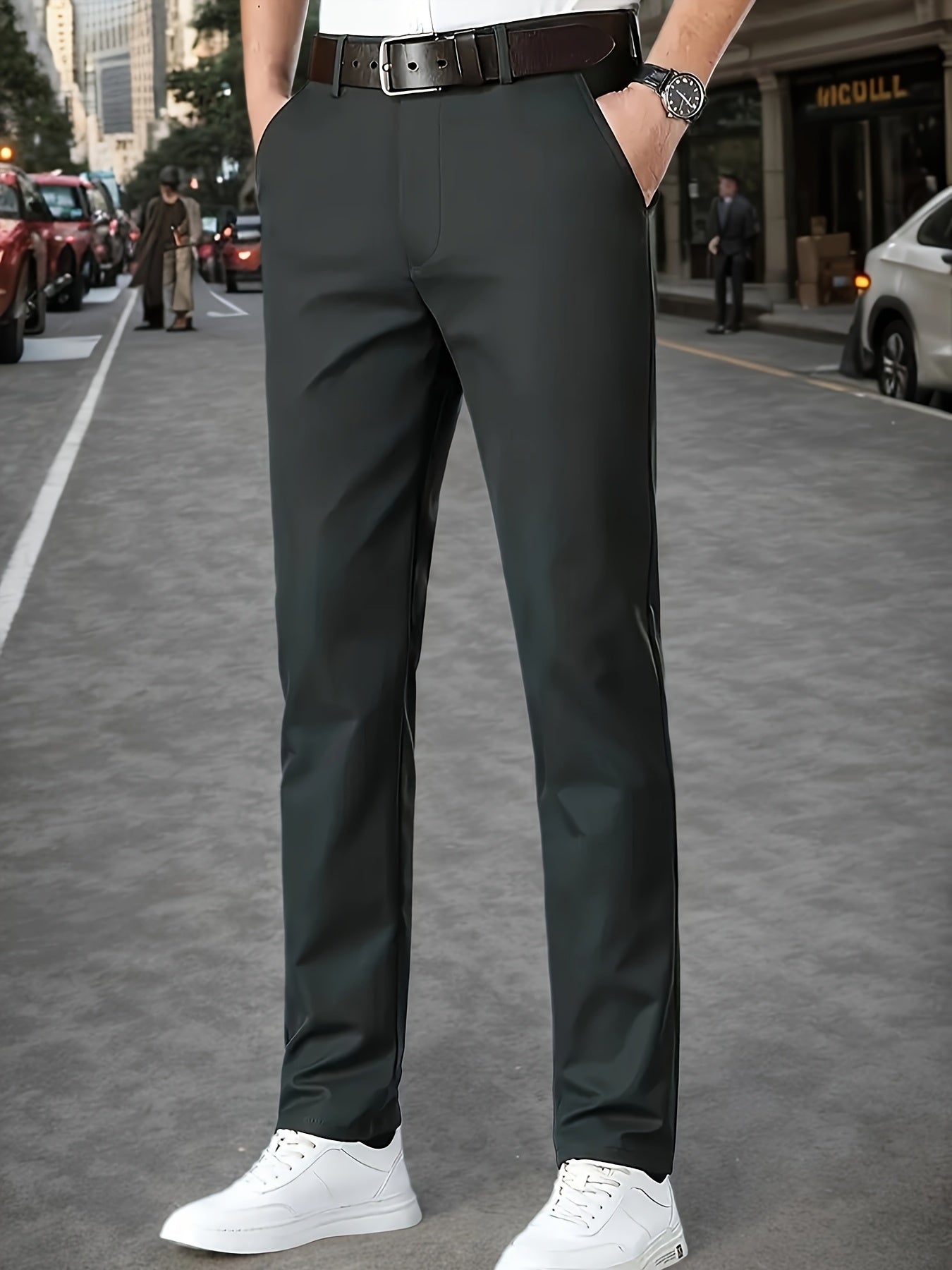 Men's Sleek Stretch Dress Pants - Solid Color Black, Comfort Fit with Subtle Stretch, Polyester Fabric, Mid-Rise, Machine Washable, Perfect for Business Casual & All-Season Wear, Business Casual Pants | Sleek Trousers | Easyc