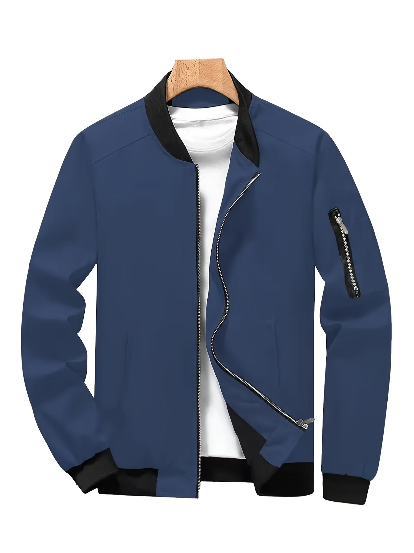 Men'S Stylish Black Sports Casual Jacket - Lightweight Bomber with Zipper Pockets, Front Zipper Panel, and Ribbed Cuffs - Perfect for Outdoor Activities, Running, and Casual Attire