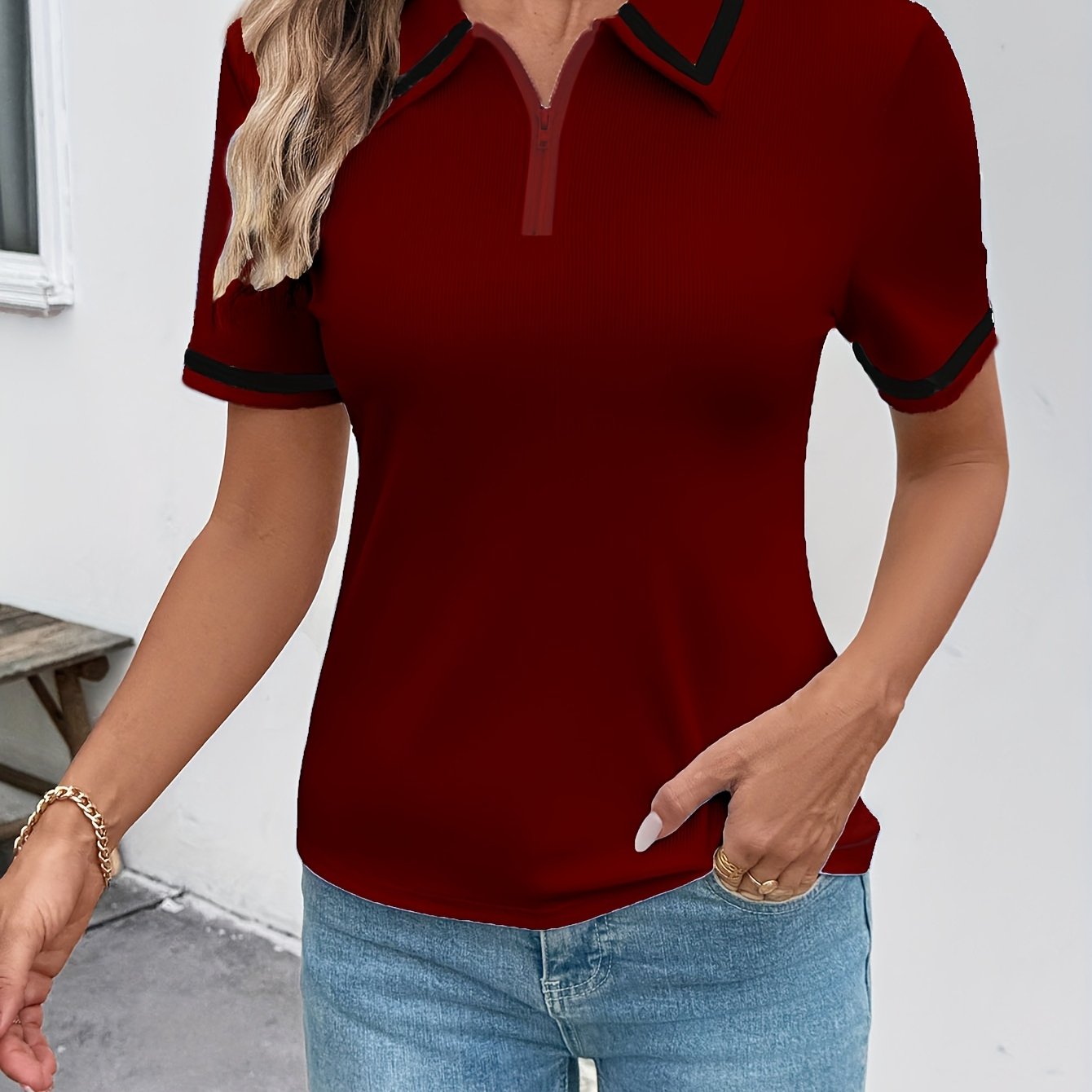 Women's Elegant Black Shirt with White Collar & Cuff Detail - Short Sleeve, Zippered, Stretchy Polyester-Spandex Blend, Machine Washable, Perfect for Casual or Professional Outfits