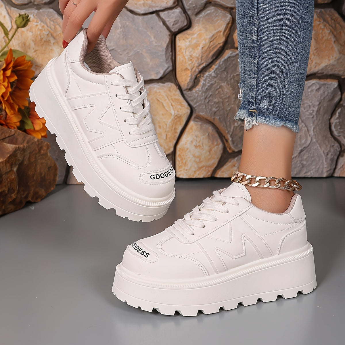 Women's Casual Lace-Up Sneakers - Breathable, Thick Sole, Round Toe, Faux Cover - White, High Top Sneakers