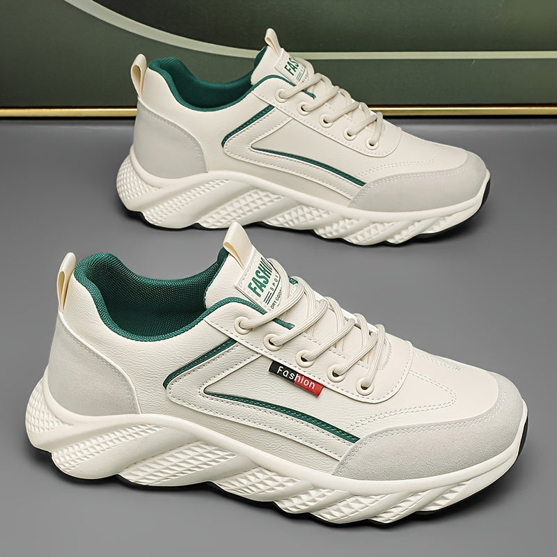 Men's Retro Sneakers - White Green Accent Lace-Up Shoes, Cushioned PVC Sole for All-Day Comfort, Low-Top Sneakers for Gym, Office, Casual Attire - Model HX-7, Gym Footwear, Sleek Casual Style, Fabric Upper, Durable Traction