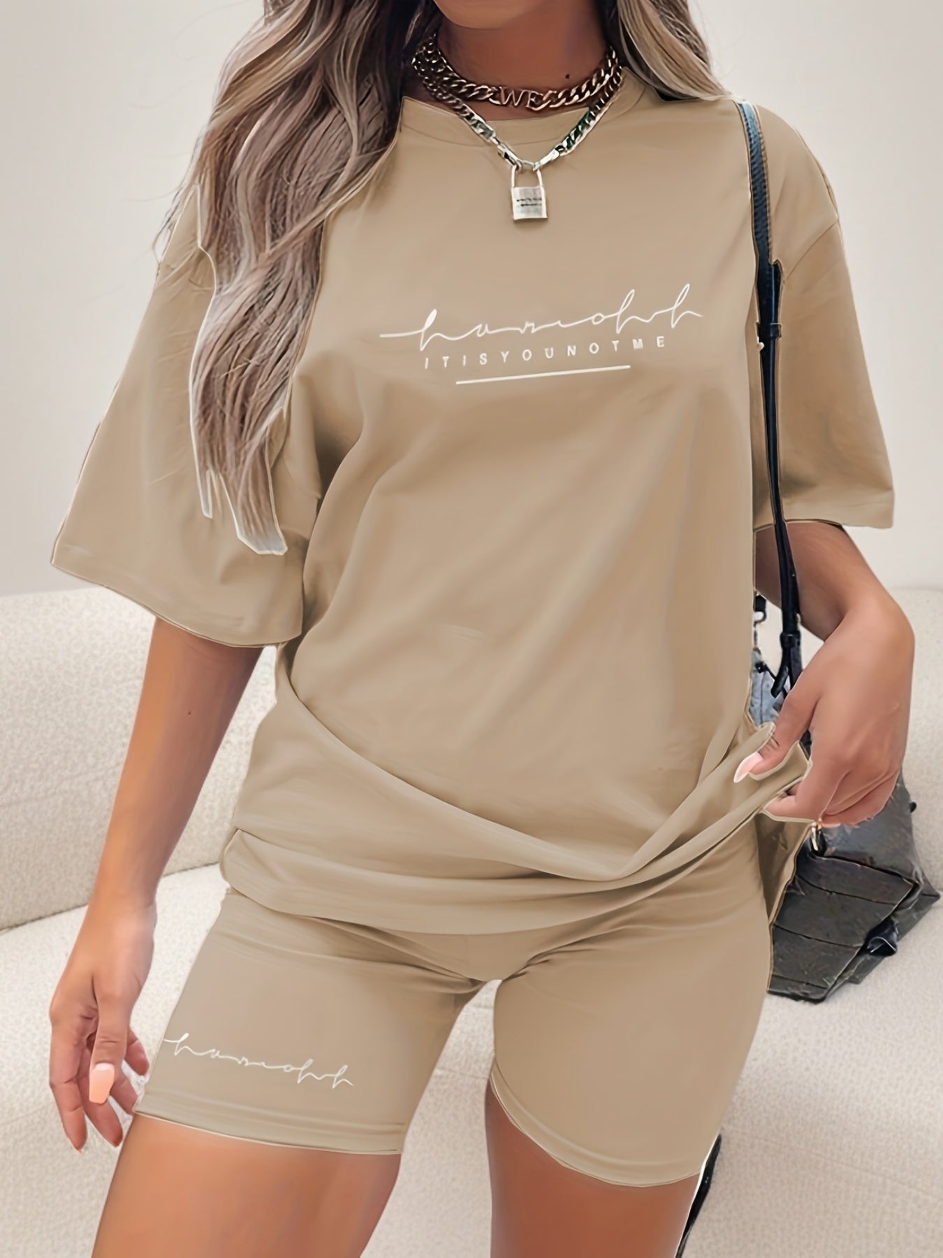 Women's Chic Lavender Letter Print Casual T-Shirt & Shorts Set - Comfy Polyester, Mid-Stretch Fabric, Round Neck, Machine Washable - Perfect for Spring/Summer