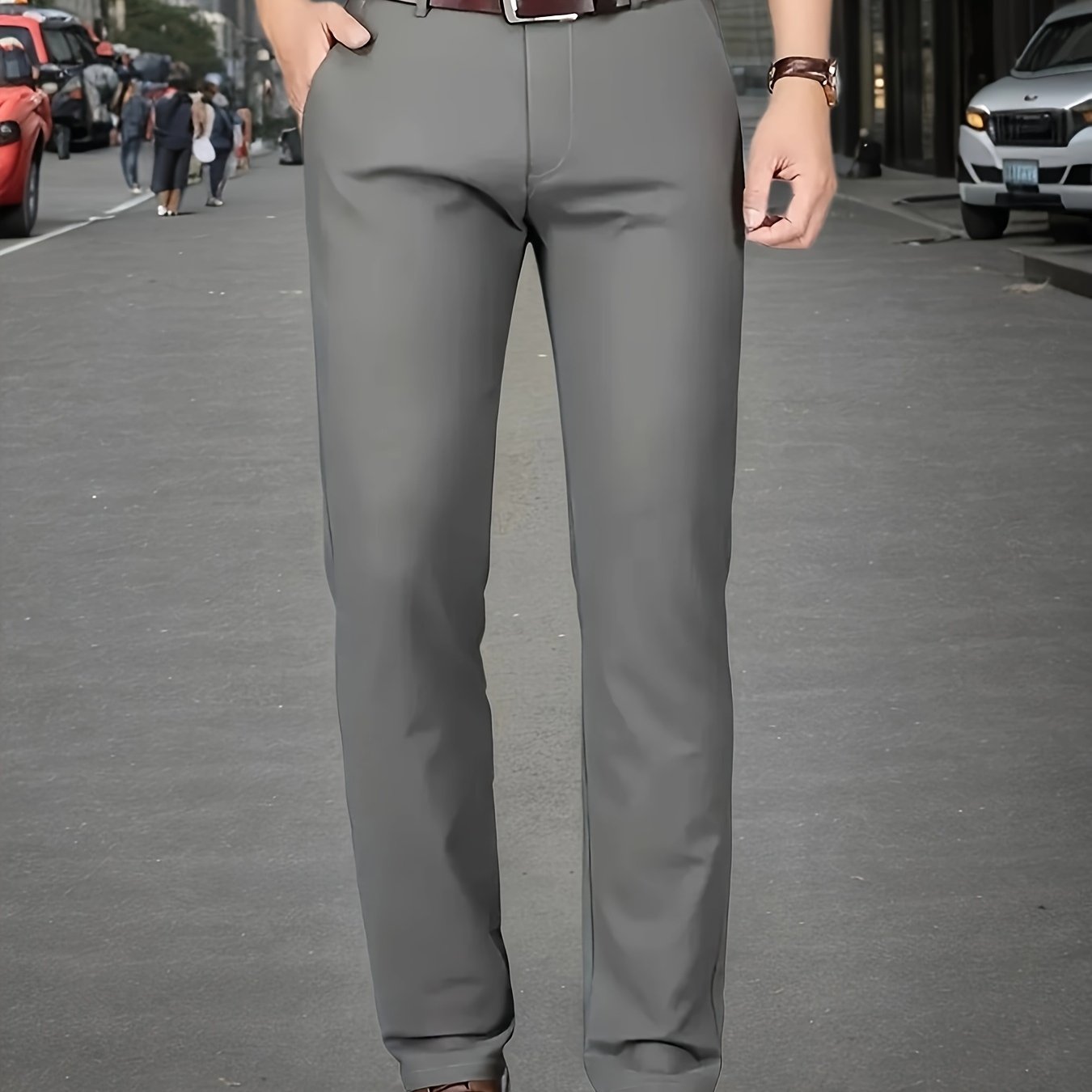 Men's Sleek Stretch Dress Pants - Solid Color Black, Comfort Fit with Subtle Stretch, Polyester Fabric, Mid-Rise, Machine Washable, Perfect for Business Casual & All-Season Wear, Business Casual Pants | Sleek Trousers | Easyc