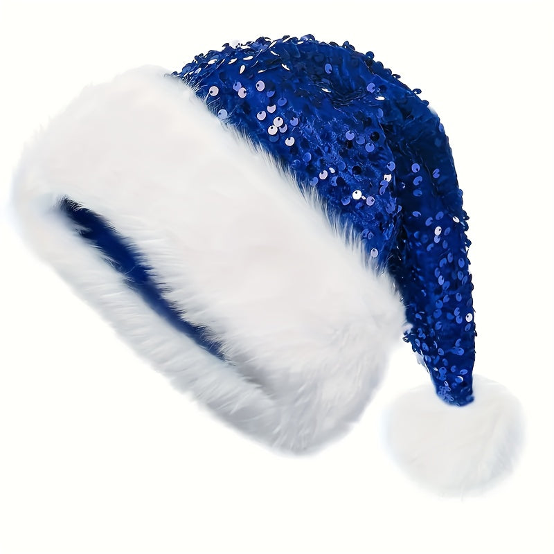 Christmas Sequin Santa Hat - Double Layer Shimmery Polyester Beanie Cap with Plush Trim, Inelastic, Handwash Only, Knitted Craftsmanship, No Feathers, Festive Holiday Headwear for Adults