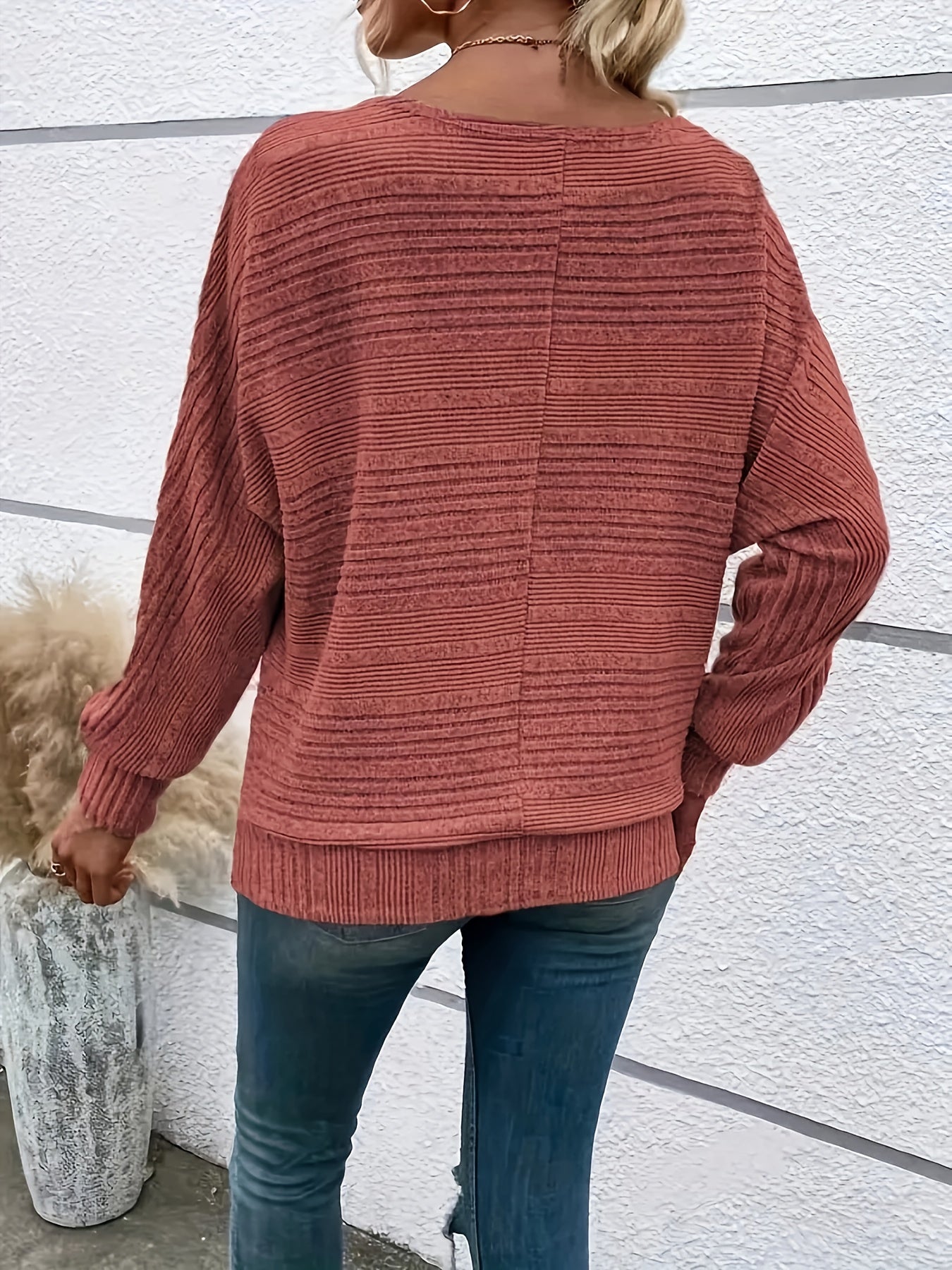 1 հատ Women'S Casual Crew Neck Knit T-shirt - պոլիեսթեր պինդ գույնի երկարաթև վերնաշապիկ գարնան/աշունի համար