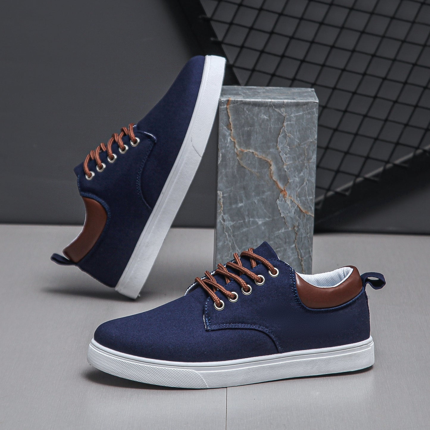 Men's Navy Blue Canvas Sneakers - Breathable, Durable, Non-Slip Casual Shoes with Brown Accents & White Sole - Perfect for Spring, Summer, and Fall Outdoor Wear, Everyday Sneakers | Casual Sporty Look | Breathable Canvas Uppe