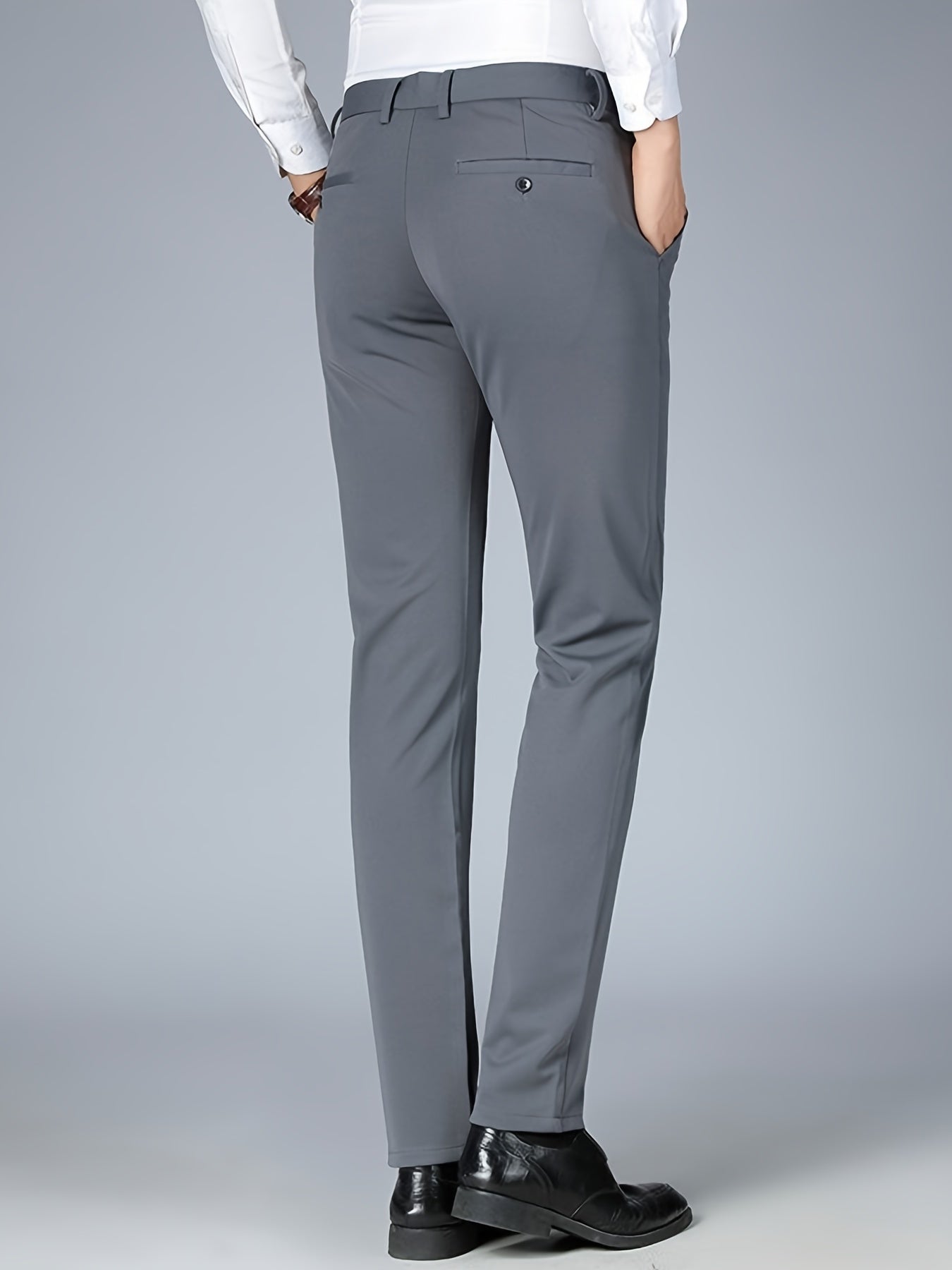 Men's Sleek Business Casual Dress Pants - Solid Black, Straight Leg, Wrinkle-Resistant Polyester Blend, All-Season Formal Trousers with Button Detail