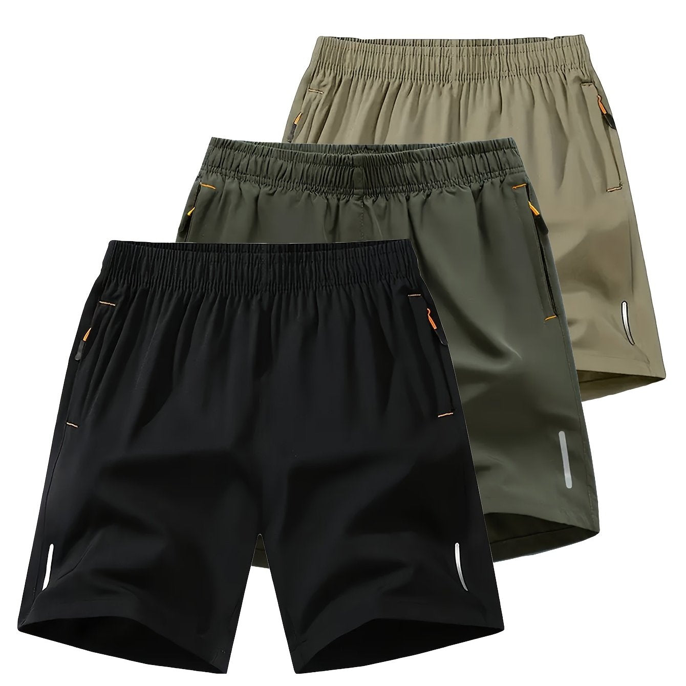 Three-pack Men's casual and fashionable breathable quick-drying shorts, with zipper pockets and drawstring, suitable for outdoor leisure sports