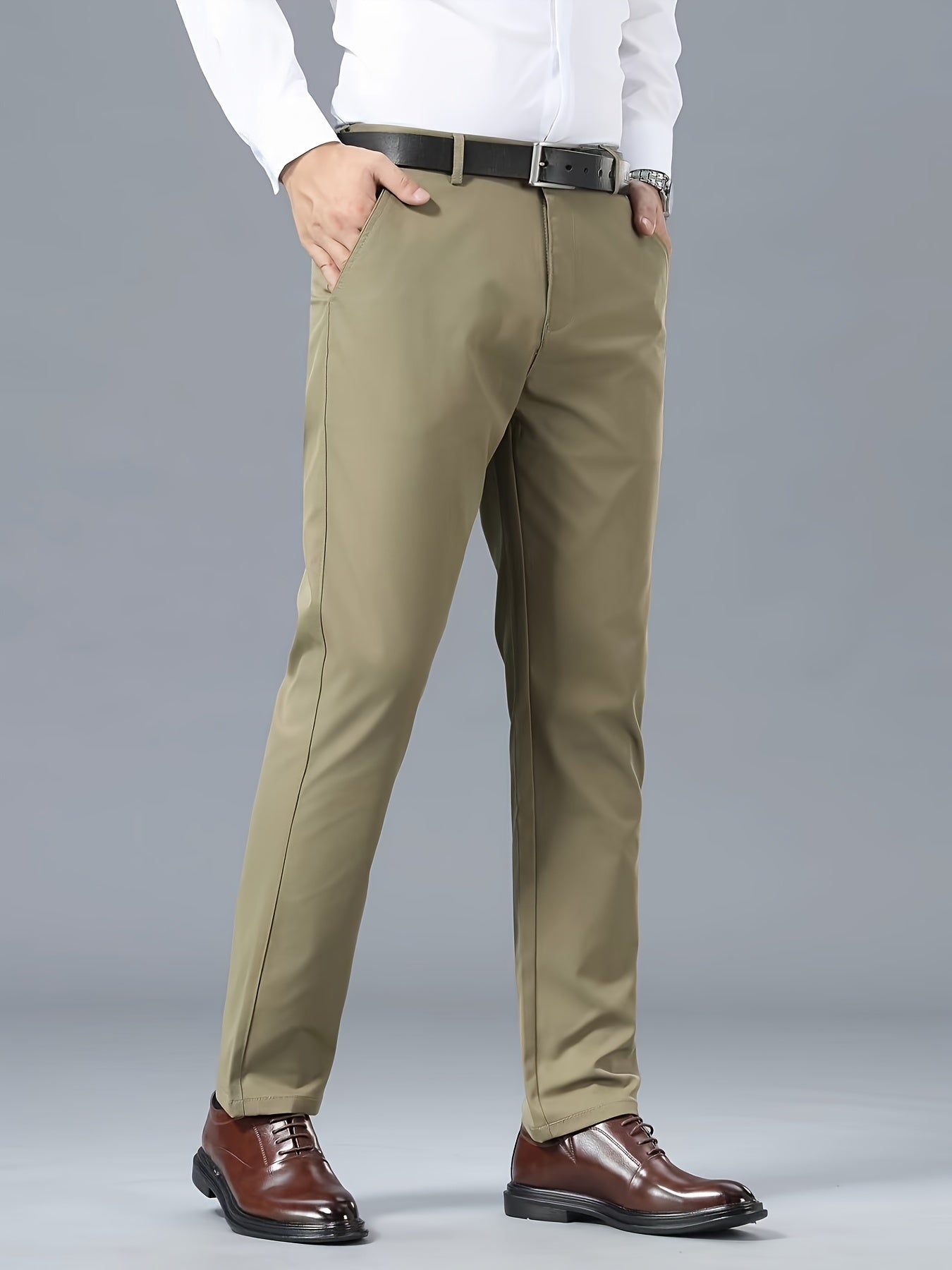 Men's Classic Business Casual Pants - Polyester, Solid Color, Regular Fit for All Seasons