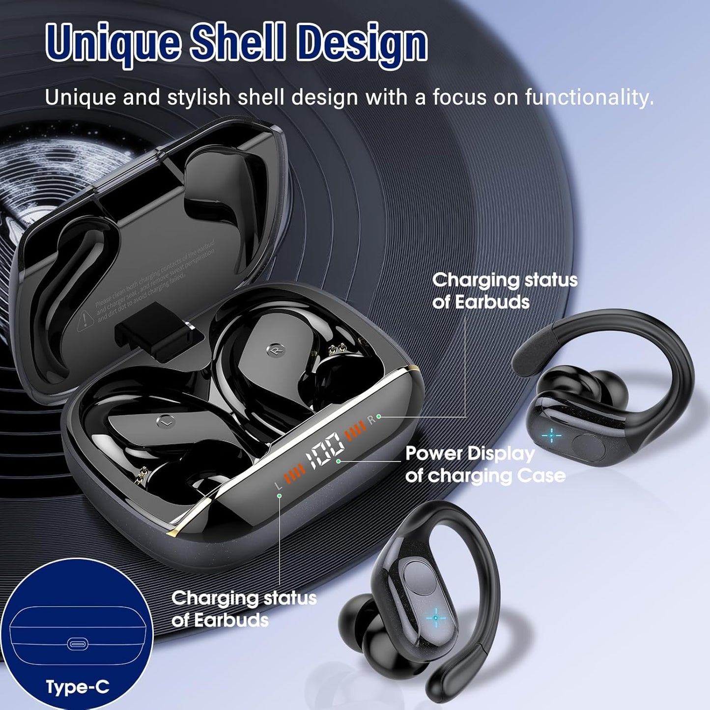 Wireless Earbuds Bluetooth 5.4 Headphones 75H Playtime Stereo Deep Bass Sports Ear Buds with Earhooks, LED Display Bluetooth Earbuds with 4 ENC Mic, IP7 Waterproof Earphone for Workout/Running, Black