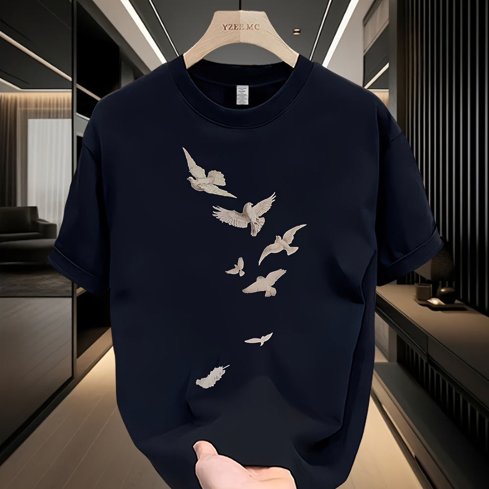 Men's Loose Fit Cotton T-Shirt - Casual Summer Short Sleeve Crewneck with Artistic Bird Print, Lightweight & Breathable for Casual Attire, Breathable Clothing | Relaxed Fit Shirt | Pure Cotton Fabric
