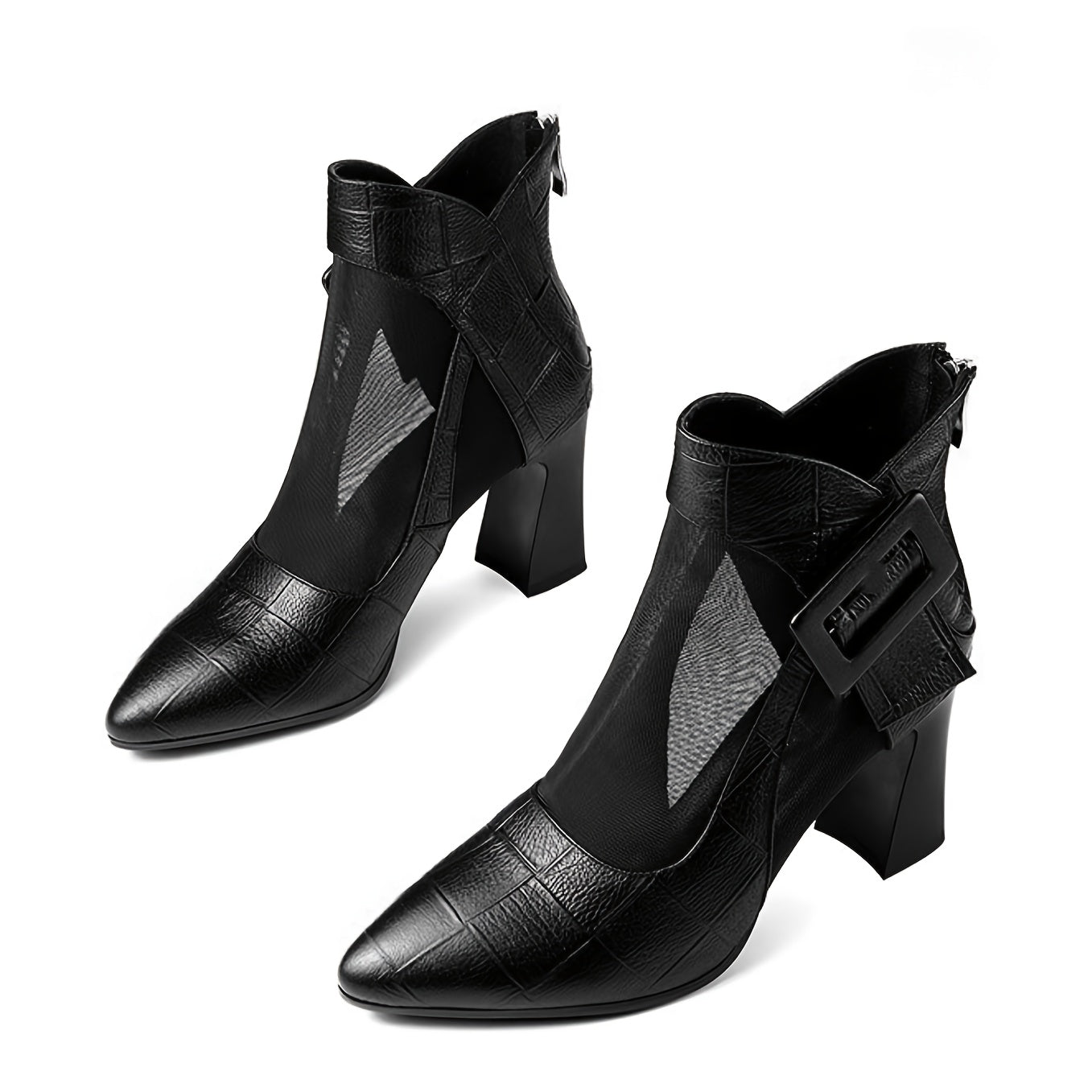 Women'S Pointed Toe Chunky Heel Pumps - Breathable Mesh Back Zipper Closure, Synthetic Cover Upper Rubber Sole, Black Summer Casual Formal Dress Shoes for Office, Weddings, Parties, High Heel Boots, Wedding Guest Shoes, Cri