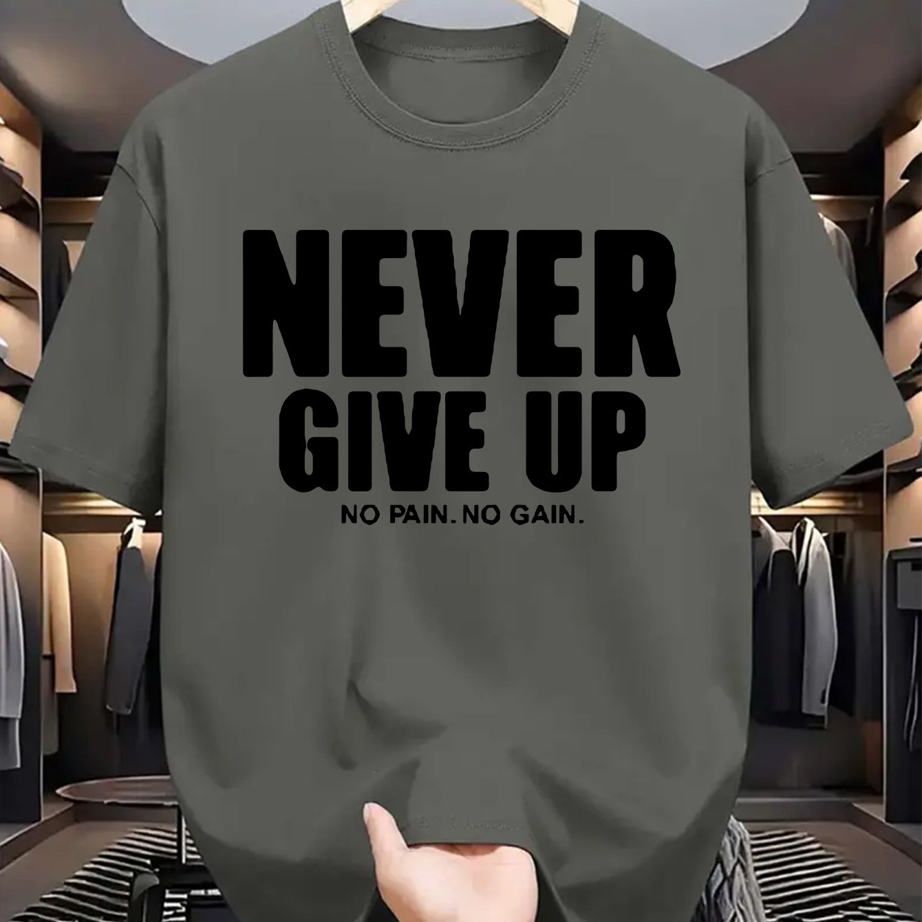 Men'S Casual Crew Neck T-Shirt with "Never Give Up" Print, Polyester Knit Fabric, Slight Stretch, Regular Fit, Summer Short Sleeve Tee for Daily Wear