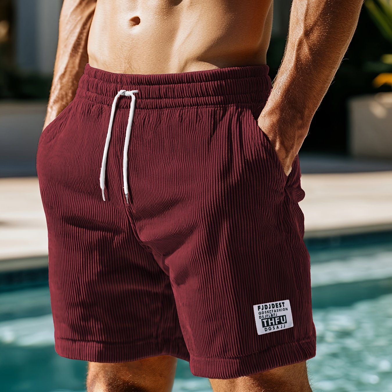 Men's Casual Corduroy Shorts with Drawstring Waist, Side Pockets, and "California" Print - Black, Polyester, All-Season Wear for Outdoor Activities