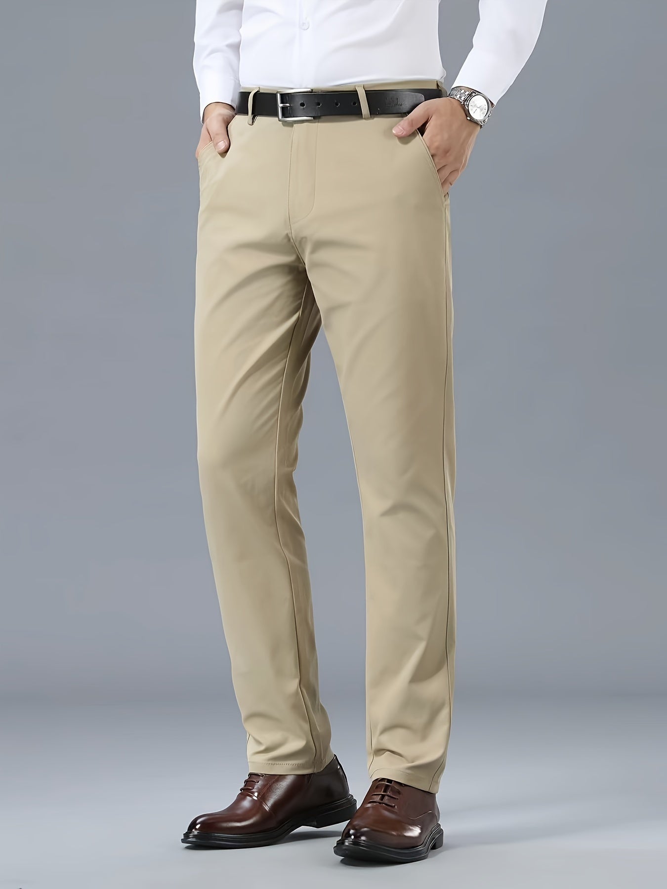 Men's Classic Business Casual Pants - Polyester, Solid Color, Regular Fit for All Seasons