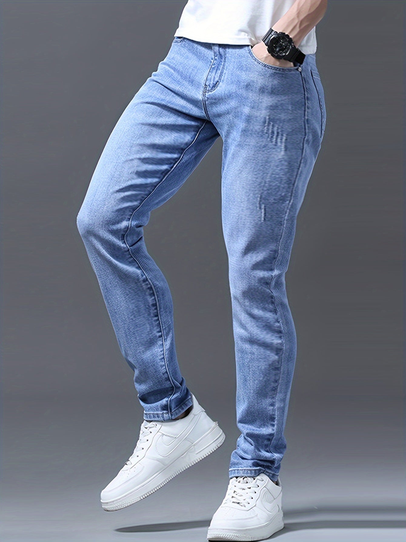 Men's Slim Fit Jeans, 62% Cotton 35% Polyester 3% Spandex Blend, Solid Color Washed Denim, All-Season Regular Length Pants