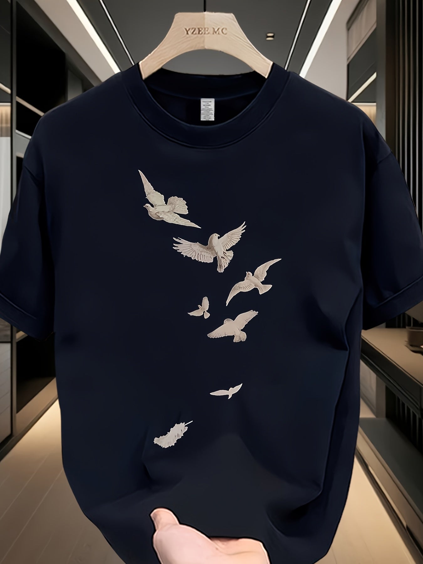 Men's Loose Fit Cotton T-Shirt - Casual Summer Short Sleeve Crewneck with Artistic Bird Print, Lightweight & Breathable for Casual Attire, Breathable Clothing | Relaxed Fit Shirt | Pure Cotton Fabric