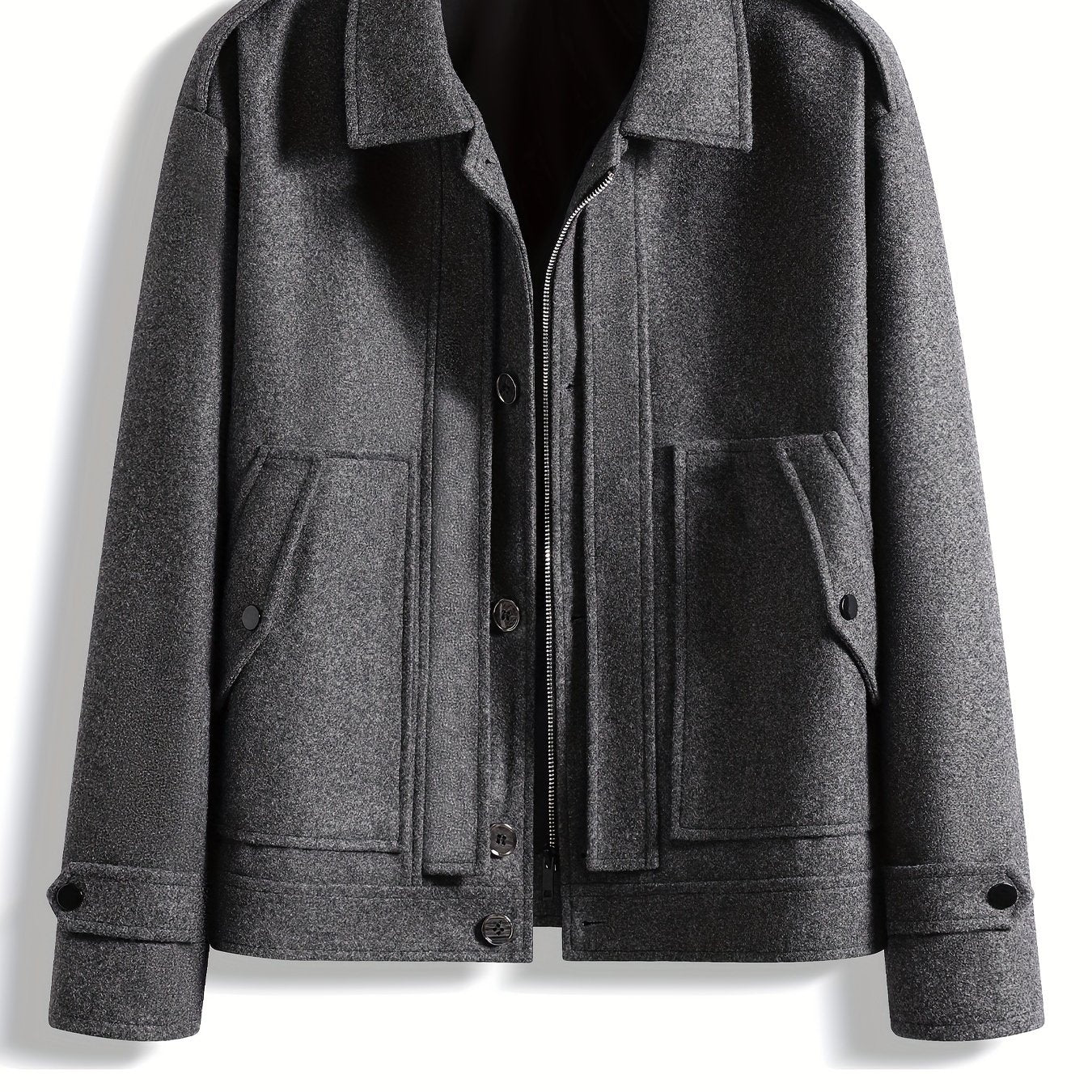 Men's Stylish Autumn/Winter Warm Polyester Casual Jacket with Lapel Collar, Zipper Closure, and Pockets - 100% Polyester Solid Color Loose Fit Coat