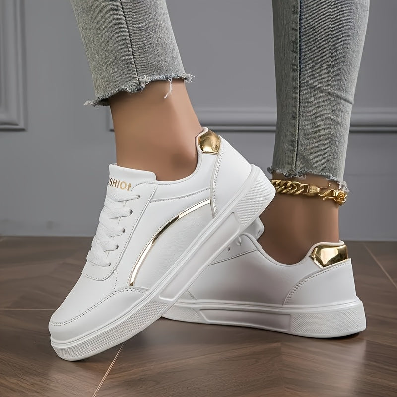 Women'S Chic White Sneakers - Stylish Low-Top Lace-Up Casual Shoes with Golden Accents, Lightweight All-Season Footwear, Waterproof, Non-Slip, Round Toe Design for Everyday, Sports, and Office Wear, Everyday Sneakers | Chic W