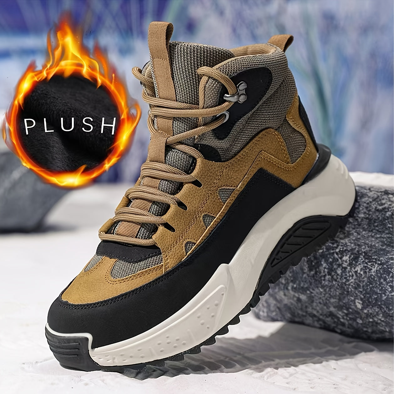 Men's Thermal Insulated Winter Boots with Lining - PU/Fabric Upper, Zipper & Lace Closure, Cushioned Insole & Arch Support, Brown/Black/White/Beige - Low-Top Round Toe for Snow, Ice, and Casual Attire - Ideal for Skiing, Hik