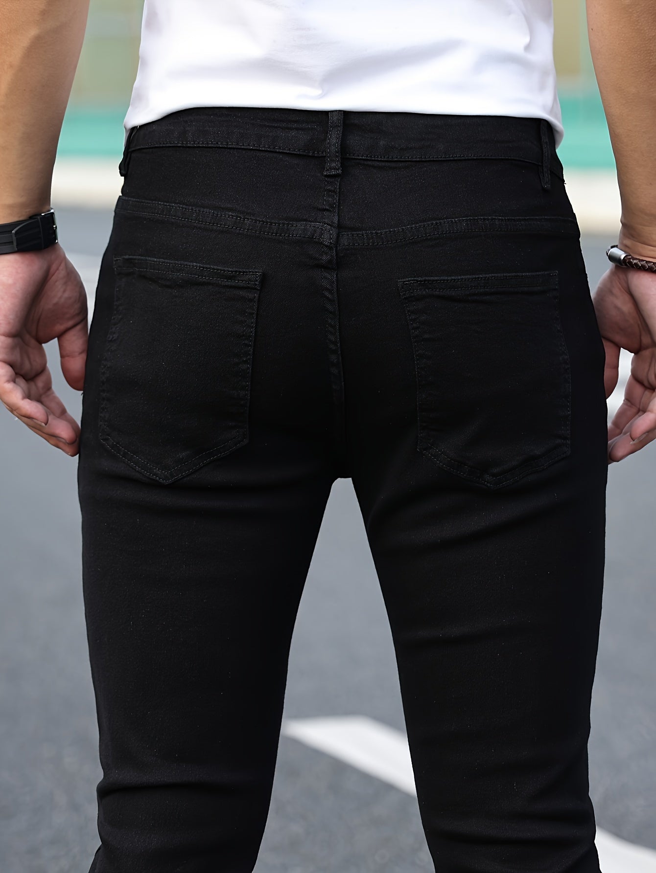 Slim Fit Chic Jeans, Men's Casual Street Style All Match Stretch Denim Pants With Pockets