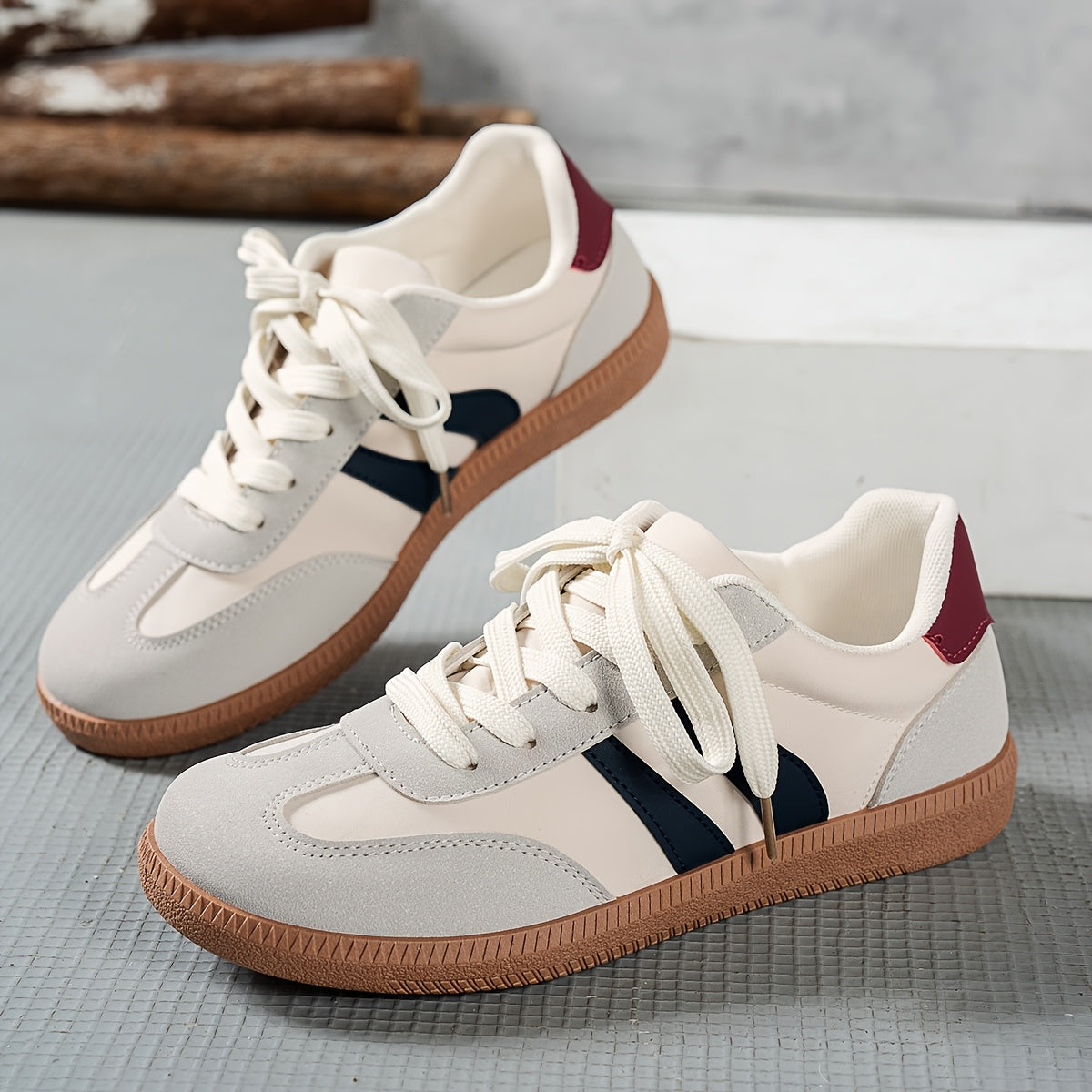 Women's Casual Low-Top Sneakers - Trendy Color Block Design, Light Gray with Navy Blue & Red Stripes, Comfortable Lace-Up Shoes for Casual Attire, Retro Style, Faux Cover Upper, PVC Sole, EVA Insole, Perfect for Spring and Fa