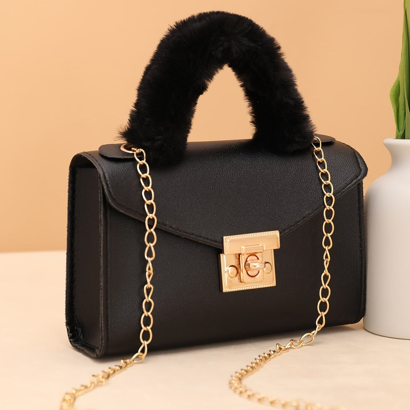 1pc Elegant Crossbody Bag with Soft Plush Handle, Solid Color Casual Messenger Bag with Removable Strap and Turn-Lock Closure for Daily Use, Small Crossbody Bag