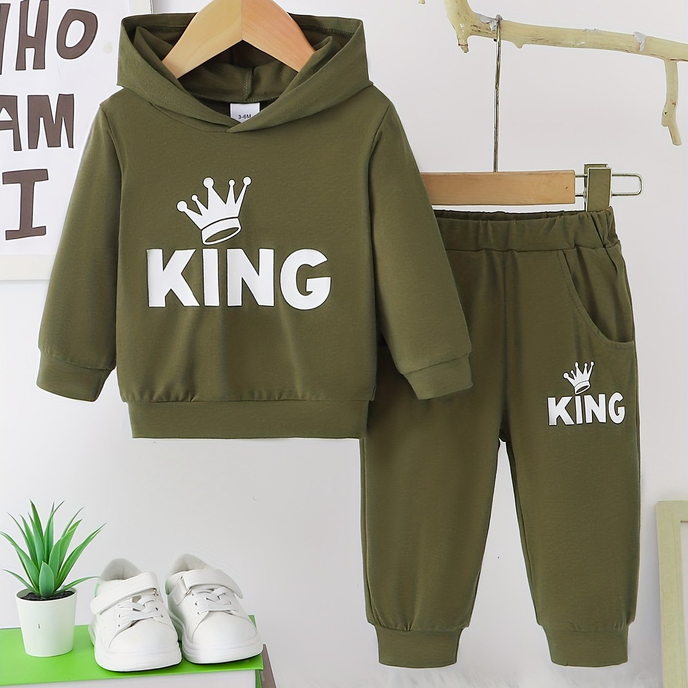 2 հատ Baby Boy's Casual Fashion Outfit Hooded KING Print երկարաթև մարզաշապիկ + շալվար բացօթյա հավաքածու