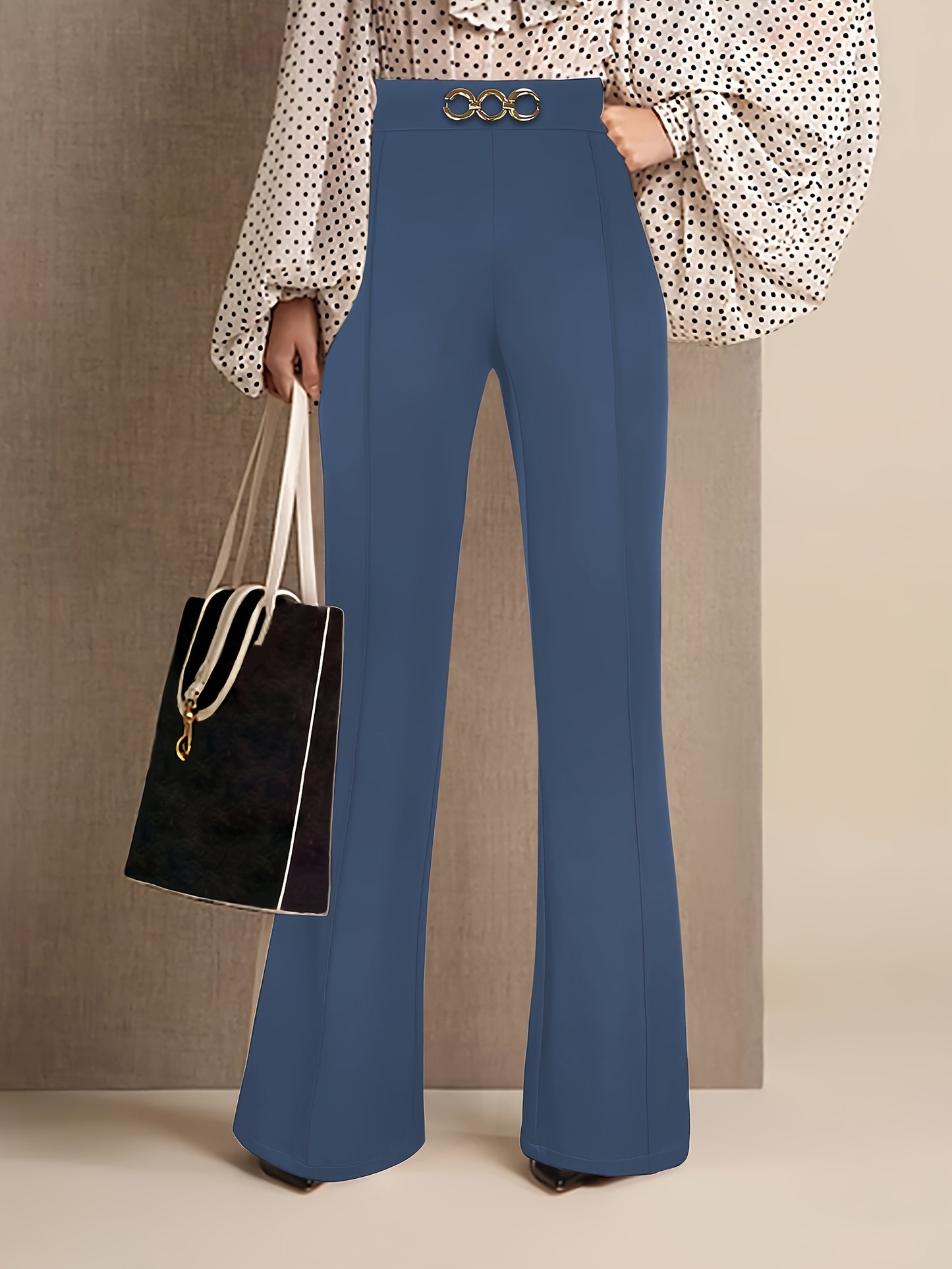 Elegant Navy Blue High-Waist Straight Leg Pants with Golden-Tone Metal Button Detail - Versatile & Chic Women's Workwear, 100% Polyester/Spandex Blend, Machine Washable