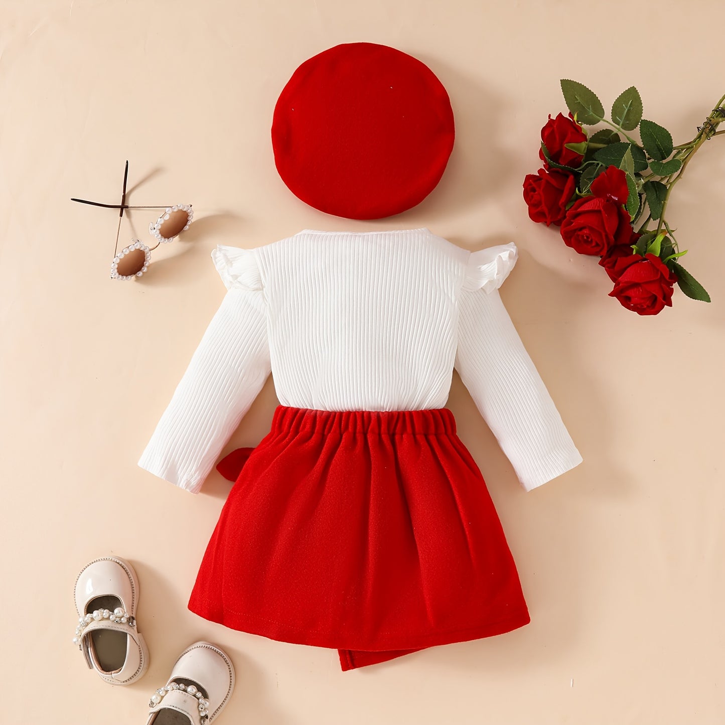 Honey Style Knitted Fabric Crew Neck Long Sleeve T-Shirt with Solid Color Flared Skirt and Beret Set for - Bow Detail Knee High Medium Stretch Fall/Winter Outfit