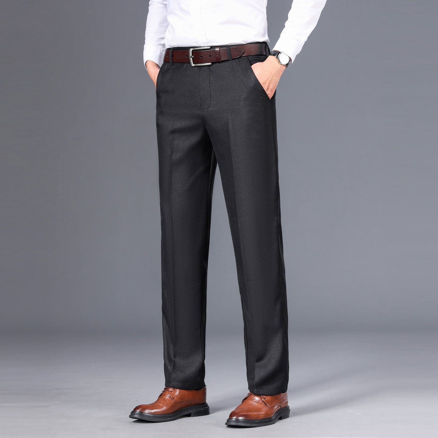 Men's Classic Gray Dress Pants - Medium Thick, Straight Fit with Slant Pockets & Zipper Closure, Polyester, Non-Stretch Fabric for Business Casual & Formal Wear, Ideal for Spring/Autumn