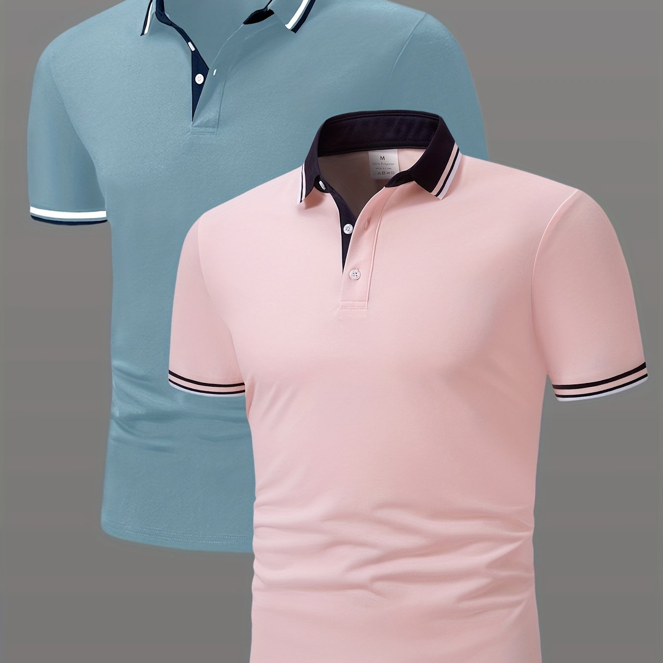 2pcs Men's Short-Sleeve Shirts with Contrast Collars - Lightweight Polyester, Pastel Blue & Pink, Turn- Collar, Button Closure, Regular Fit, Casual & Business-Casual Wear, Ideal for Summer or Gifting, Short Sleeve Tops
