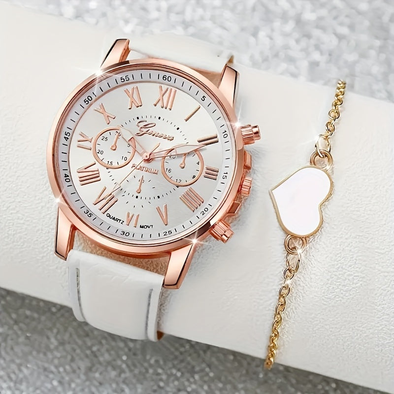 Chic 6pcs Quartz Watch Set with Faux Leather Straps & Heart Charm Bracelets - Perfect Gift for Valentine's, Easter, Birthdays & Christmas