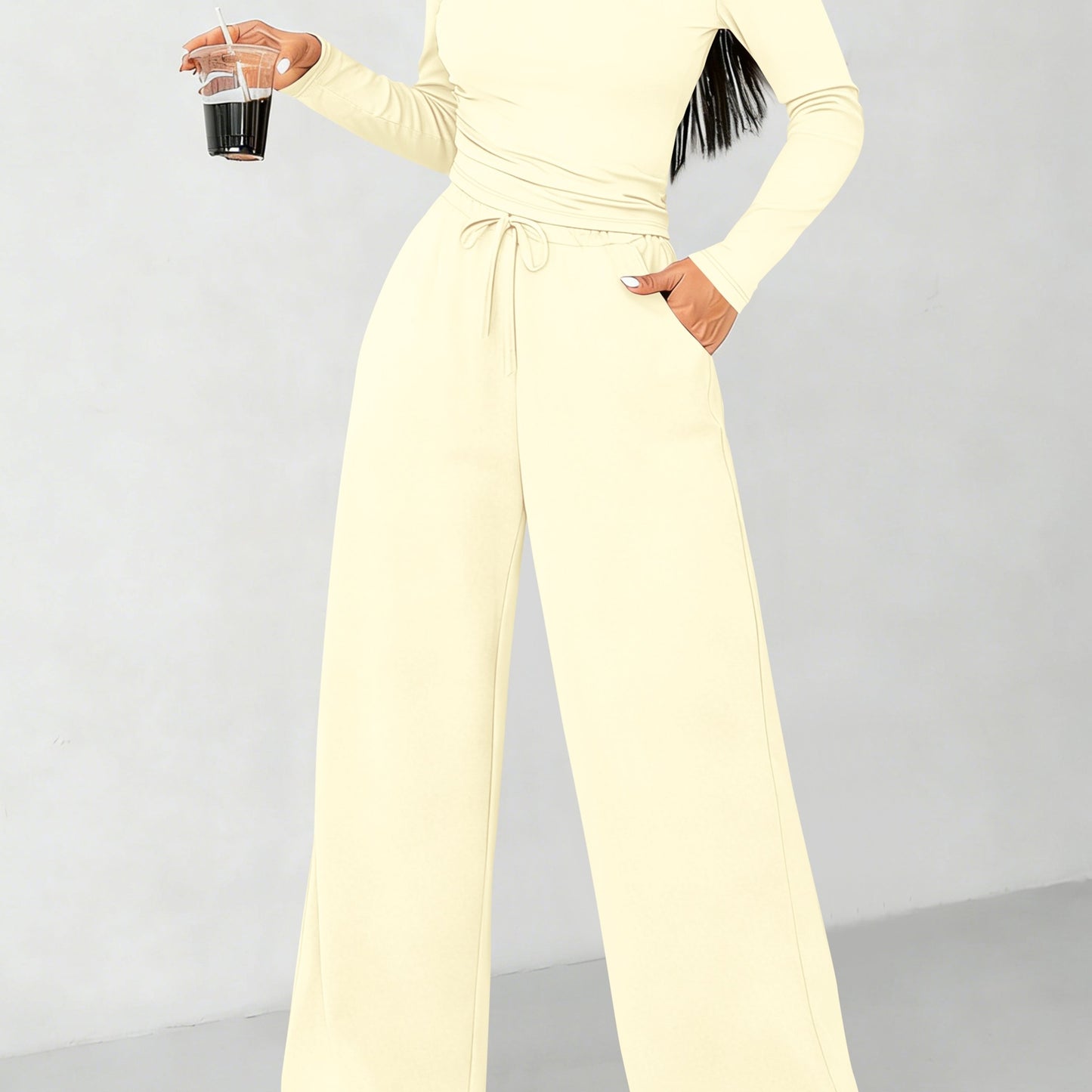 All-season Solid Color Long-sleeved Top and High-waisted Wide-leg Pants Casual Suit