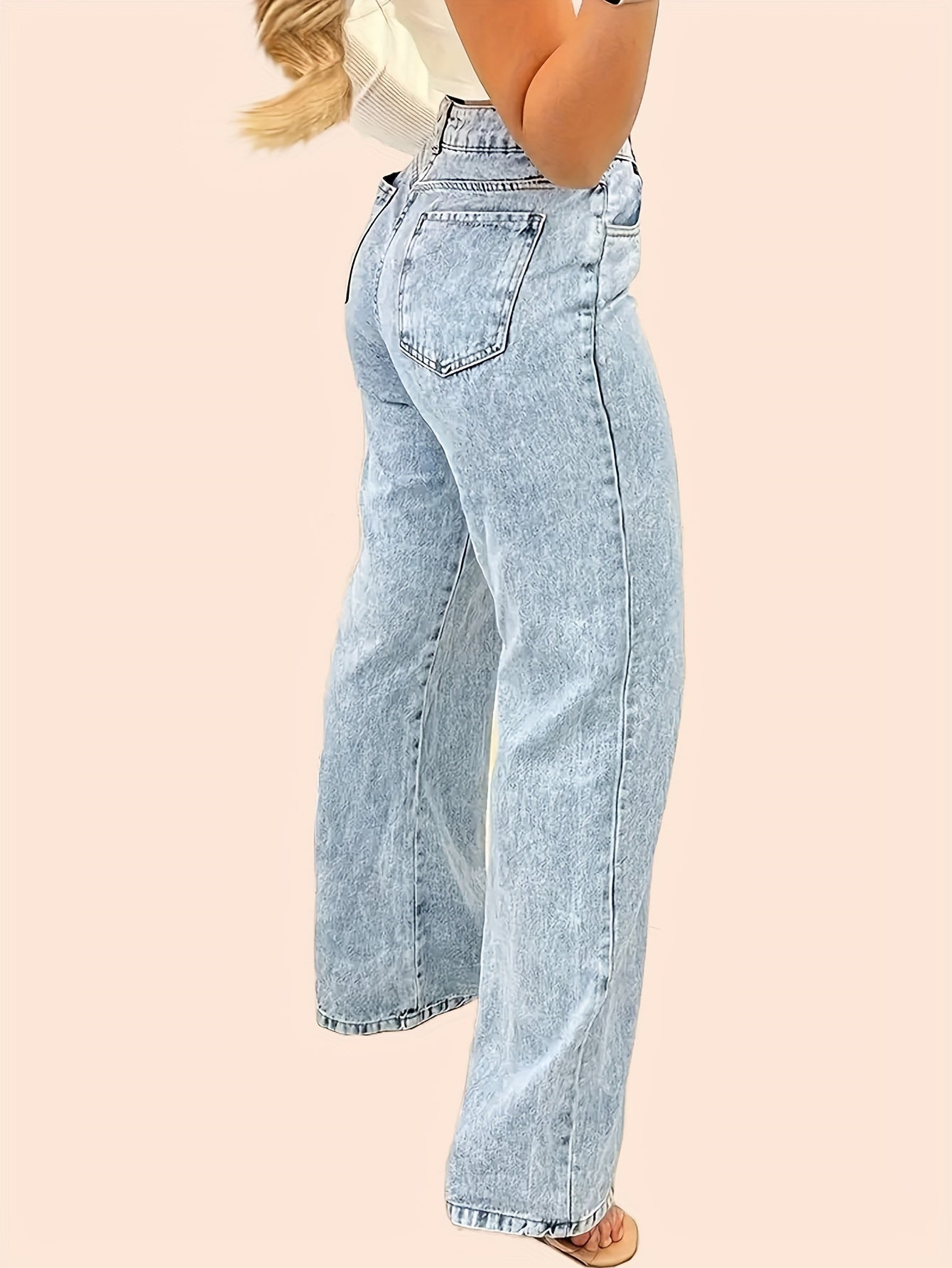 Women's High-Waist Straight-Leg Jeans - Casual Light Blue Denim with Raw Hem, Slash Pockets, and Button Closure, Machine Washable