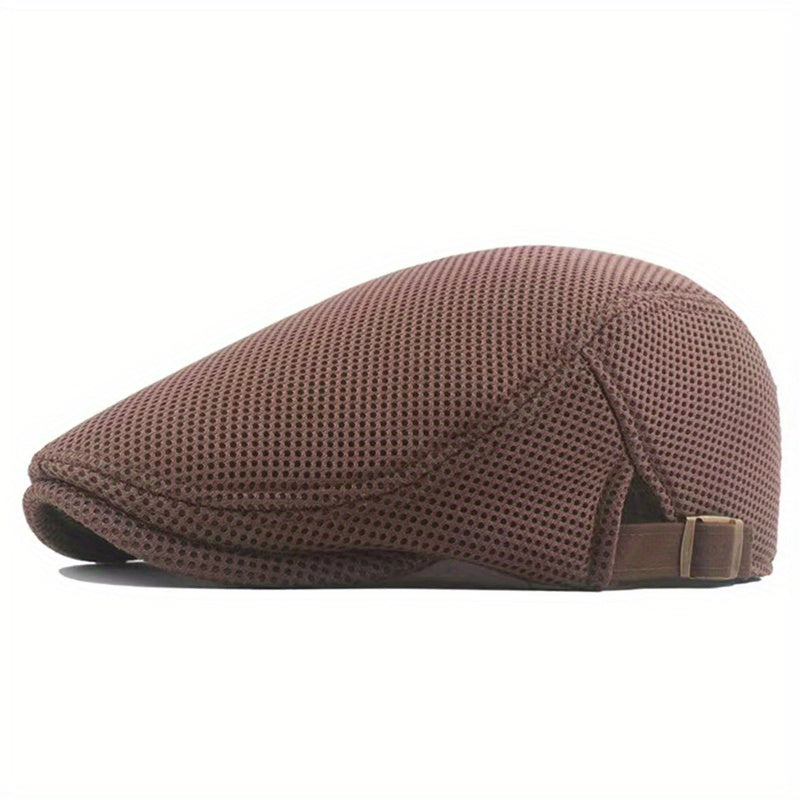 1 Men's Breathable Mesh Beret Hat - Casual Summer Style, 100% Polyester with Adjustable Faux Leather Strap for Comfort Fit