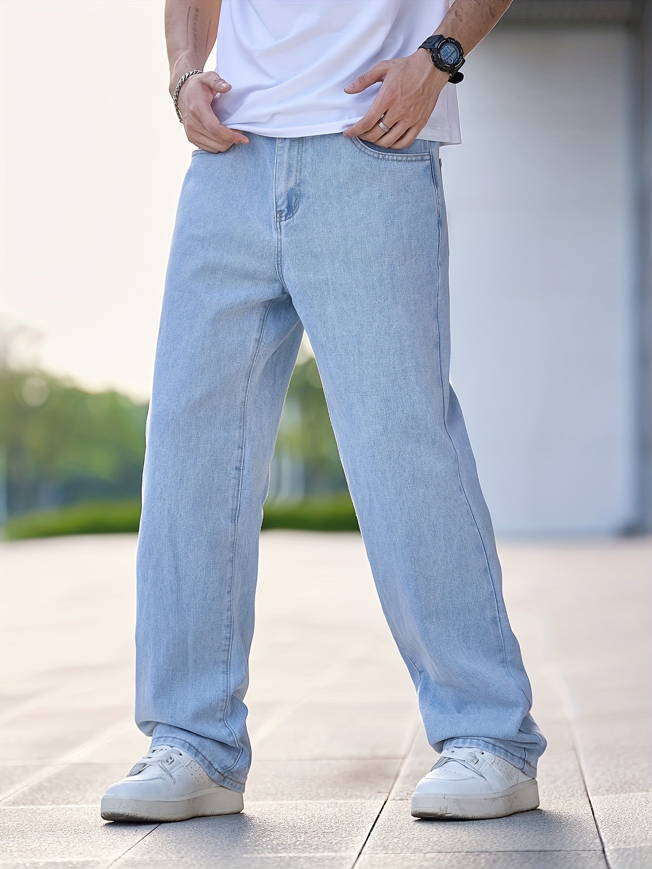 1pc Men'S Casual Washed Denim Jeans, Loose Fit Straight Leg, Solid Color, Non-Stretch Fabric, All-Season Woven Pants - Regular Length