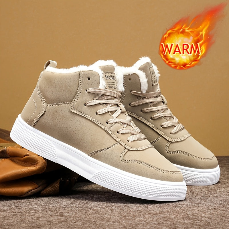 Men's Mid-Top Lace-Up Boots with Warm Plush Lining for Comfortable Winter Outdoor Street Walking and Strolling, Winter Boots