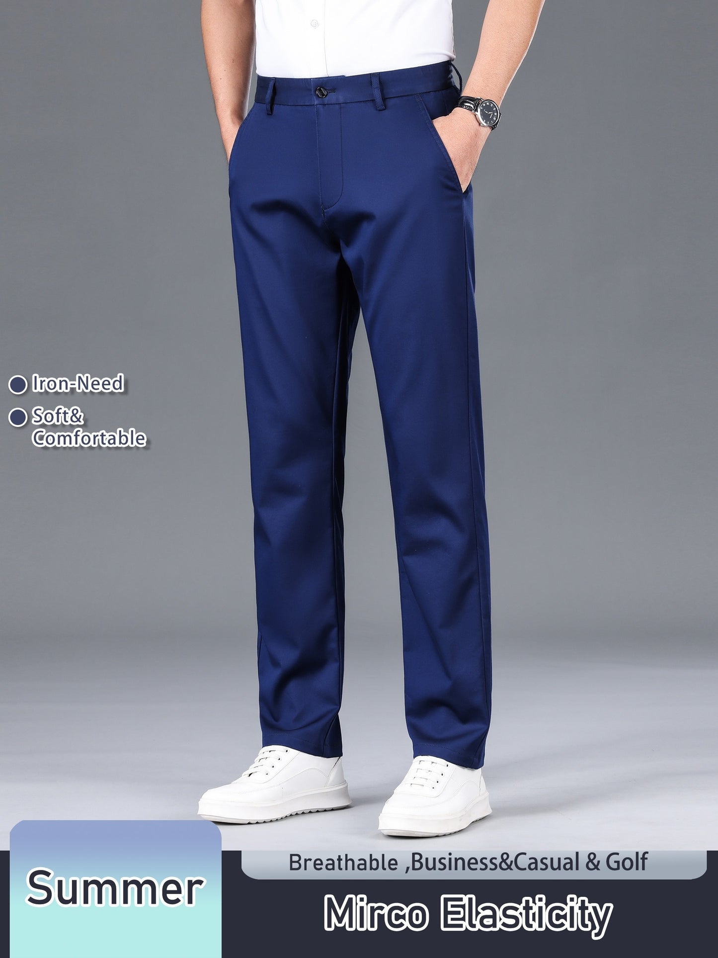 Men's Solid Color Straight Leg Business Style Cotton Blend Pants, Casual Comfy Breathable Outdoor Trousers As Gift