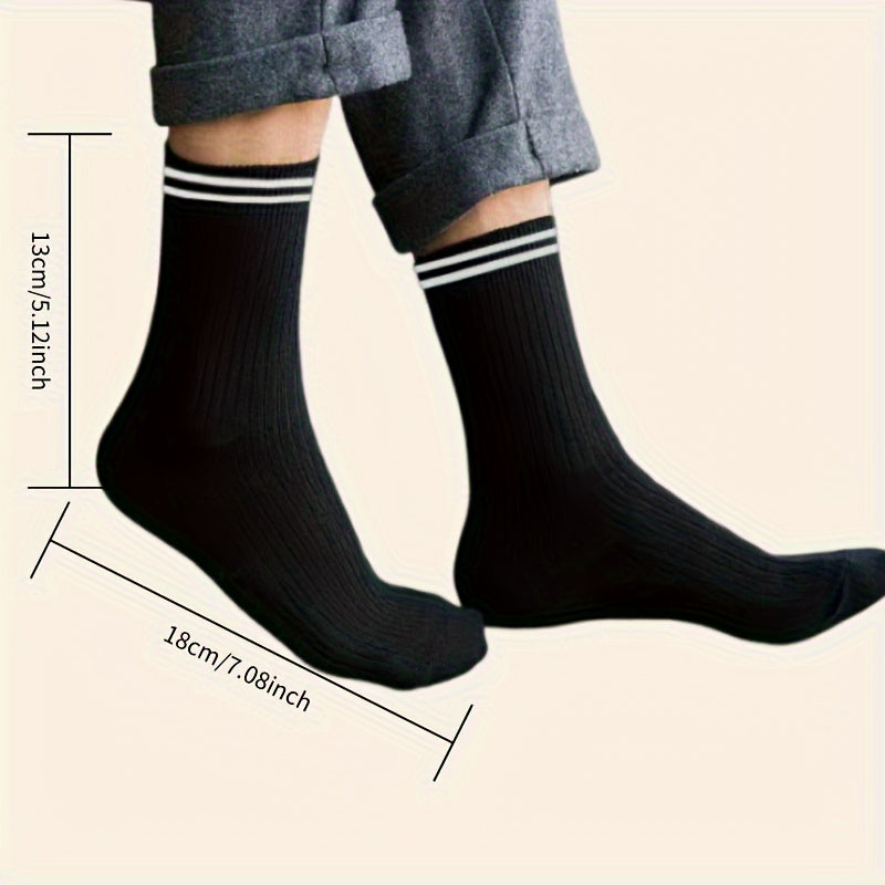 5/10 Pairs Men's Athletic Crew Socks, Striped Polyester Knit Fabric with 5% Spandex, Moisture-Wicking Casual Sports Tube Socks for Spring and Autumn