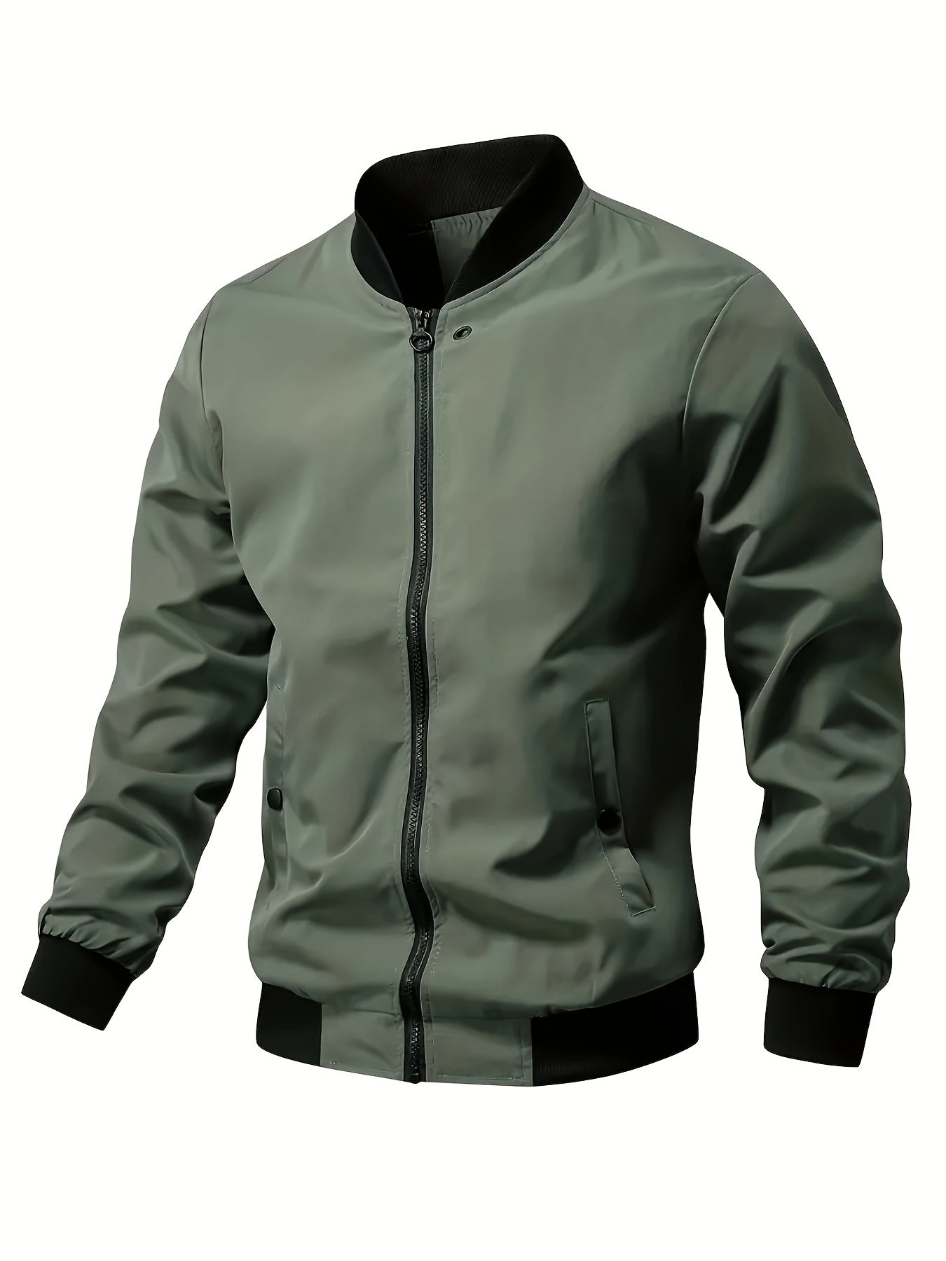 1pc Men'S Casual Stand Collar Bomber Jacket, Solid Color Long Sleeve Non-Stretch Woven Acetate with Pockets, Polyester Lined Zip-Up Lightweight Outerwear for Spring/Fall