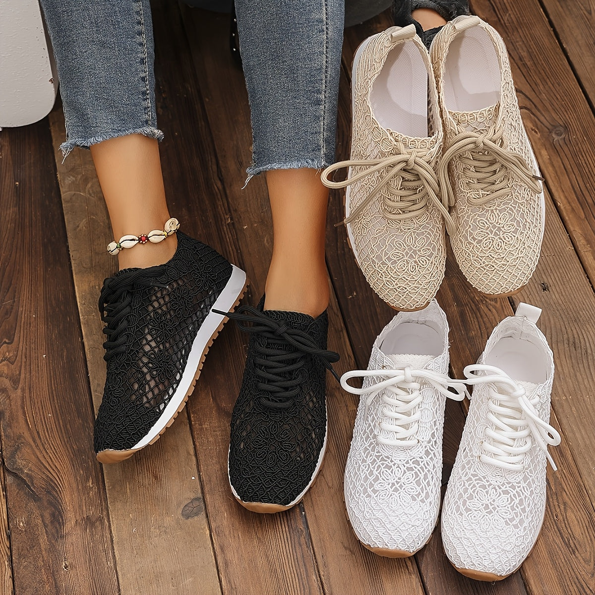 Women's Summer Solid Color Lace-Up Mesh Casual Shoes, Breathable Fabric with Rubber Sole, Net Fabric