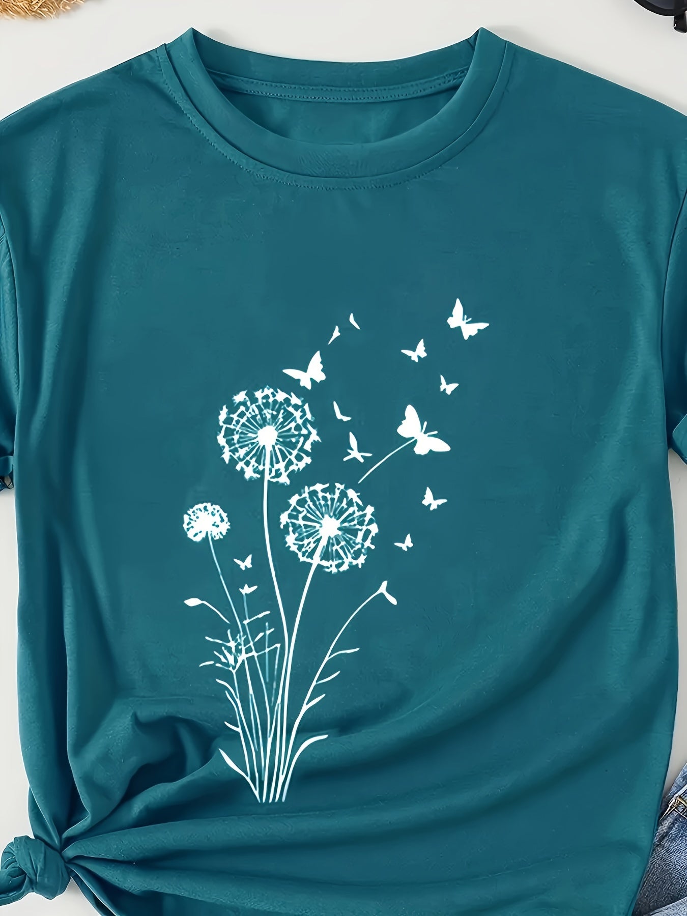 Women's Casual Dandelion Print T-Shirt - Soft Polyester Blend, Stretchy & Machine Washable, Crew Neck, Short Sleeve - Perfect for Spring & Summer