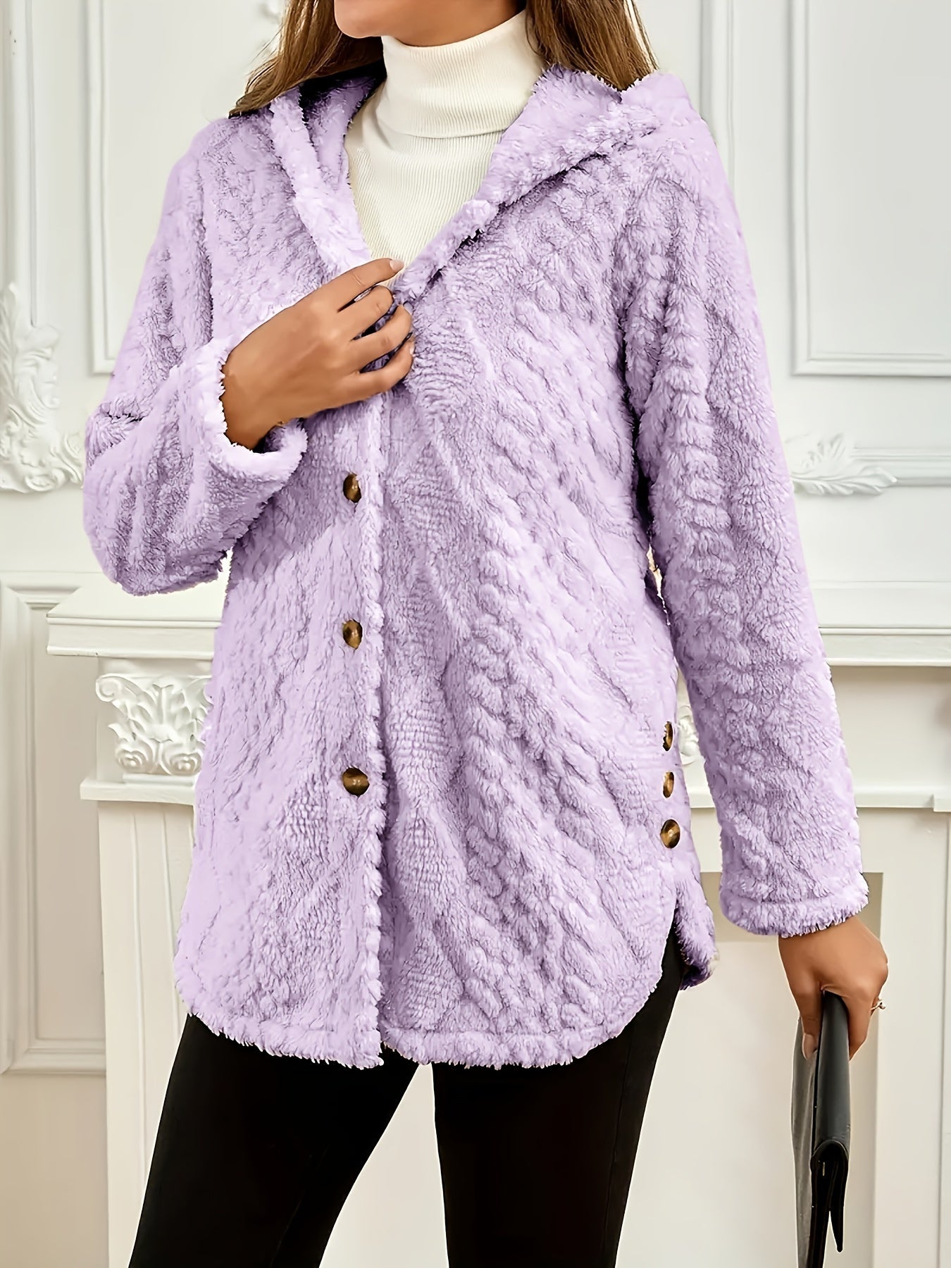 Elegant Pink Faux Fur Coat for Women - Chic Button-Front Hooded Jacket with Sleek Collar, Long Sleeves, and Ribbed Detailing - Perfect for Fall & Winter, Hand or Dry Clean Only